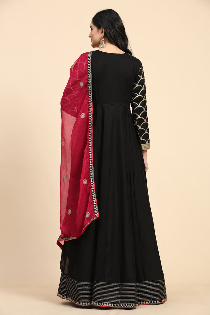 Black Rangoli Silk Embroidery Anarkali  Salwar Suit with Pink Dupatta for Women's Trendmallsin