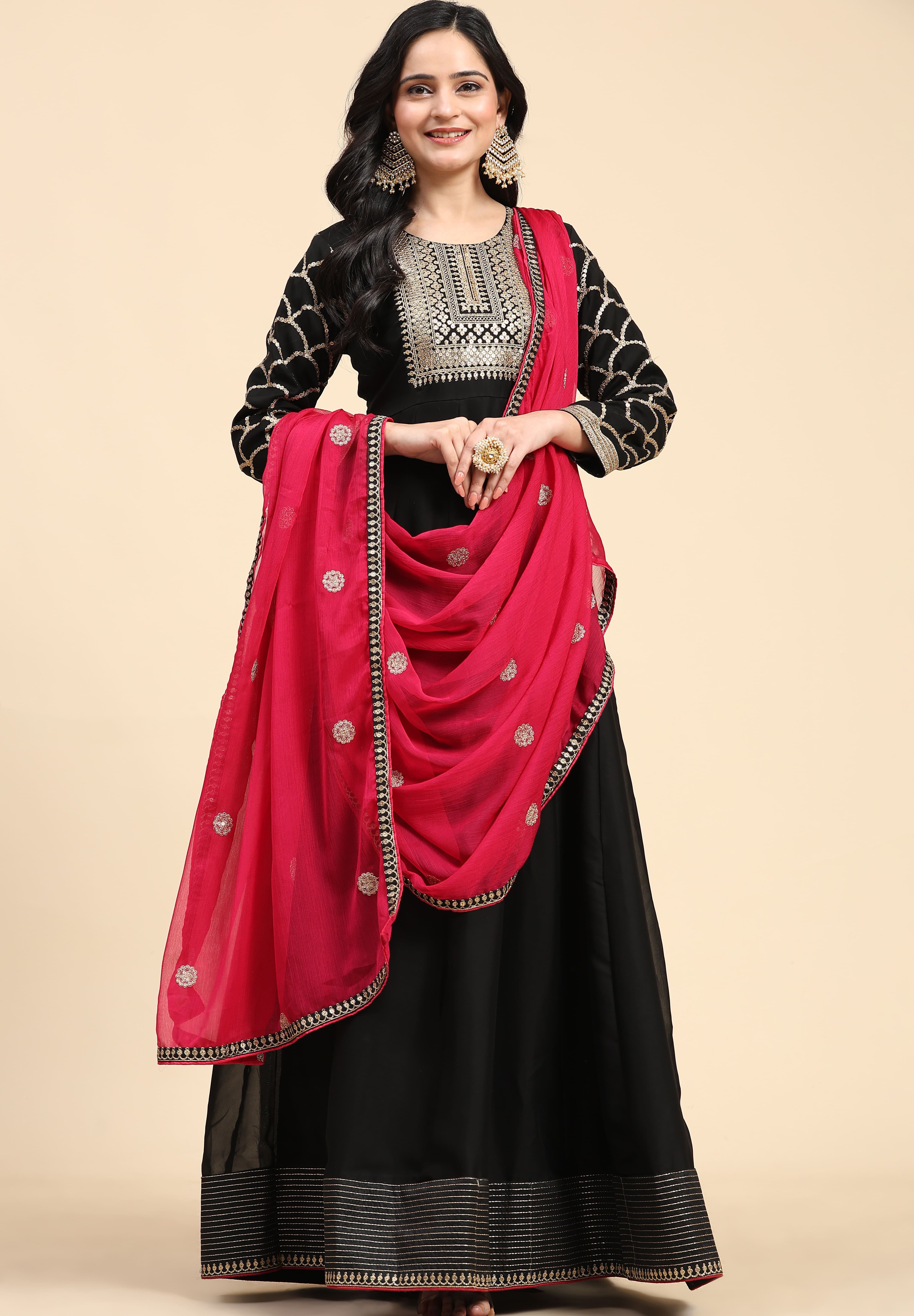 Black Rangoli Silk Embroidery Anarkali  Salwar Suit with Pink Dupatta for Women's Trendmallsin
