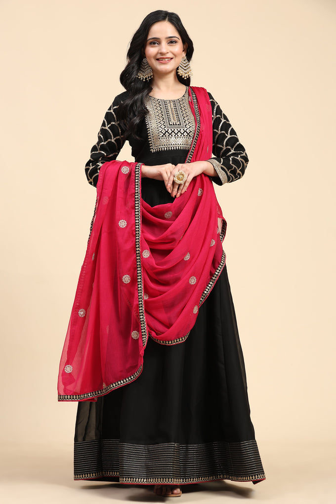 Black Rangoli Silk Embroidery Anarkali  Salwar Suit with Pink Dupatta for Women's Trendmallsin