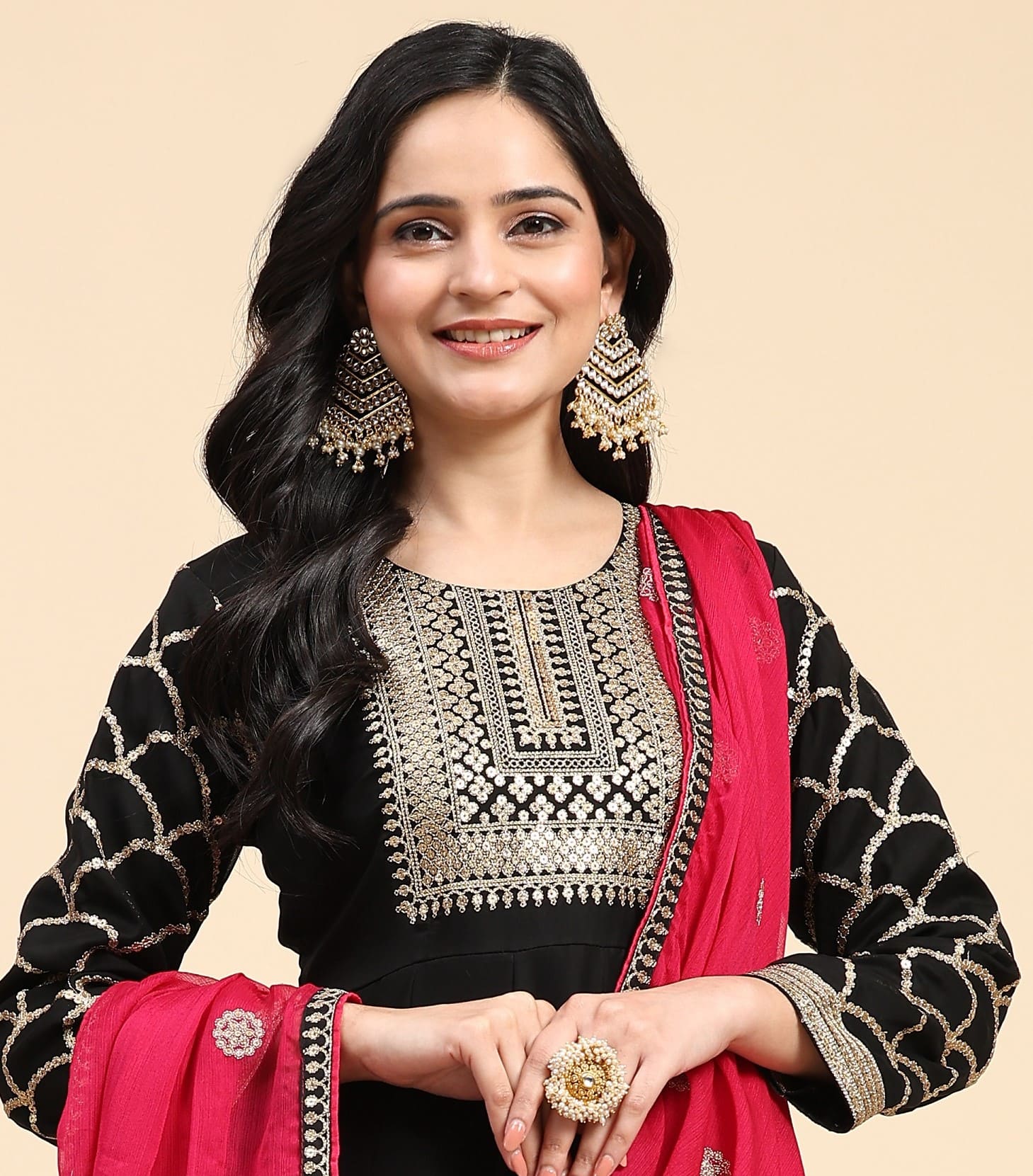 Black Rangoli Silk Embroidery Anarkali  Salwar Suit with Pink Dupatta for Women's Trendmallsin