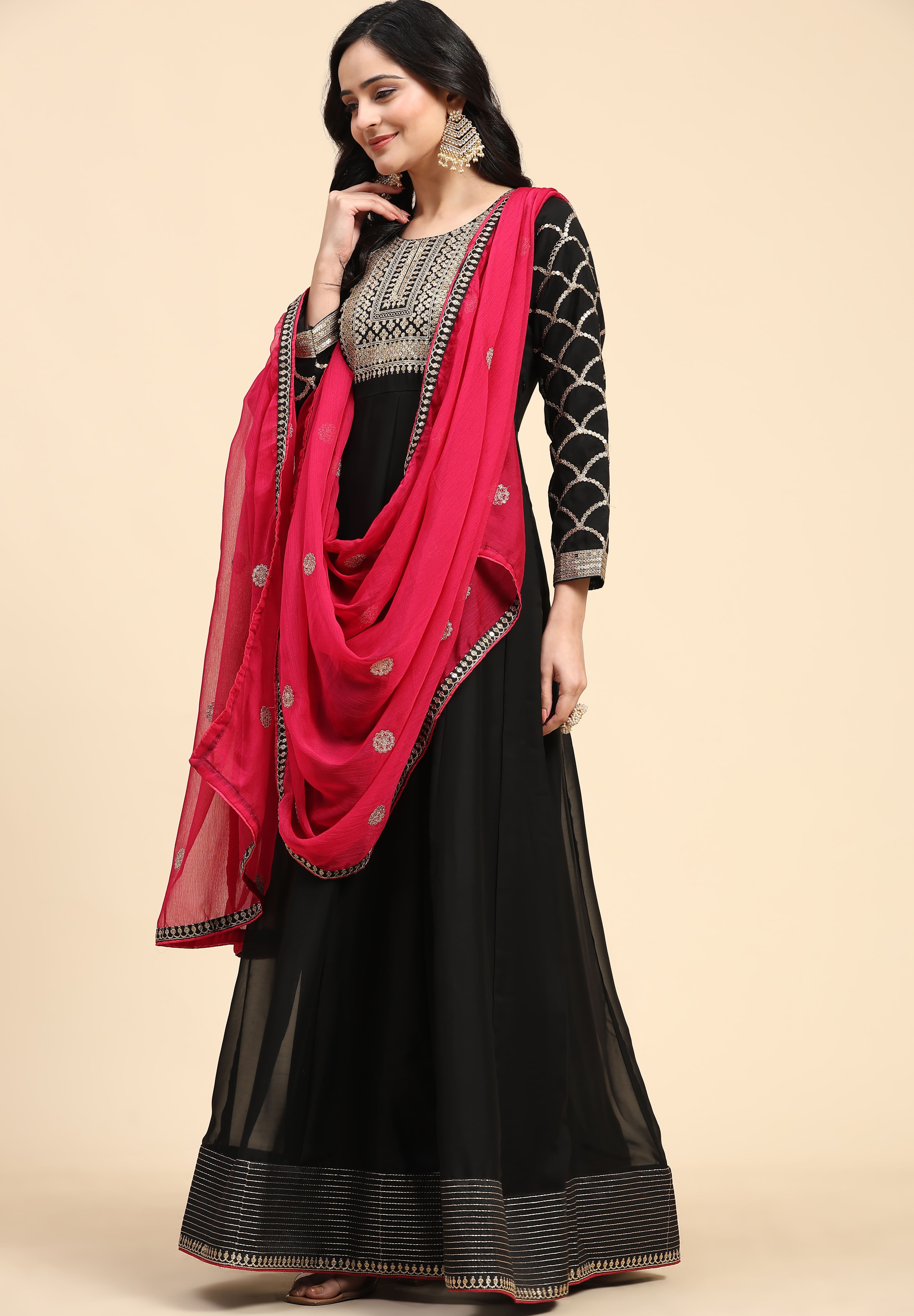 Black Rangoli Silk Embroidery Anarkali  Salwar Suit with Pink Dupatta for Women's Trendmallsin