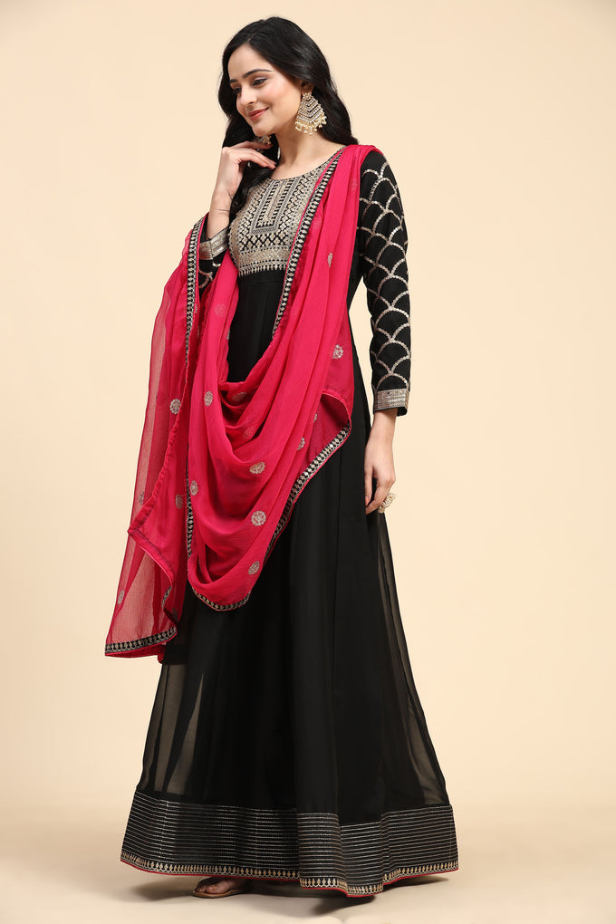 Black Rangoli Silk Embroidery Anarkali  Salwar Suit with Pink Dupatta for Women's Trendmallsin