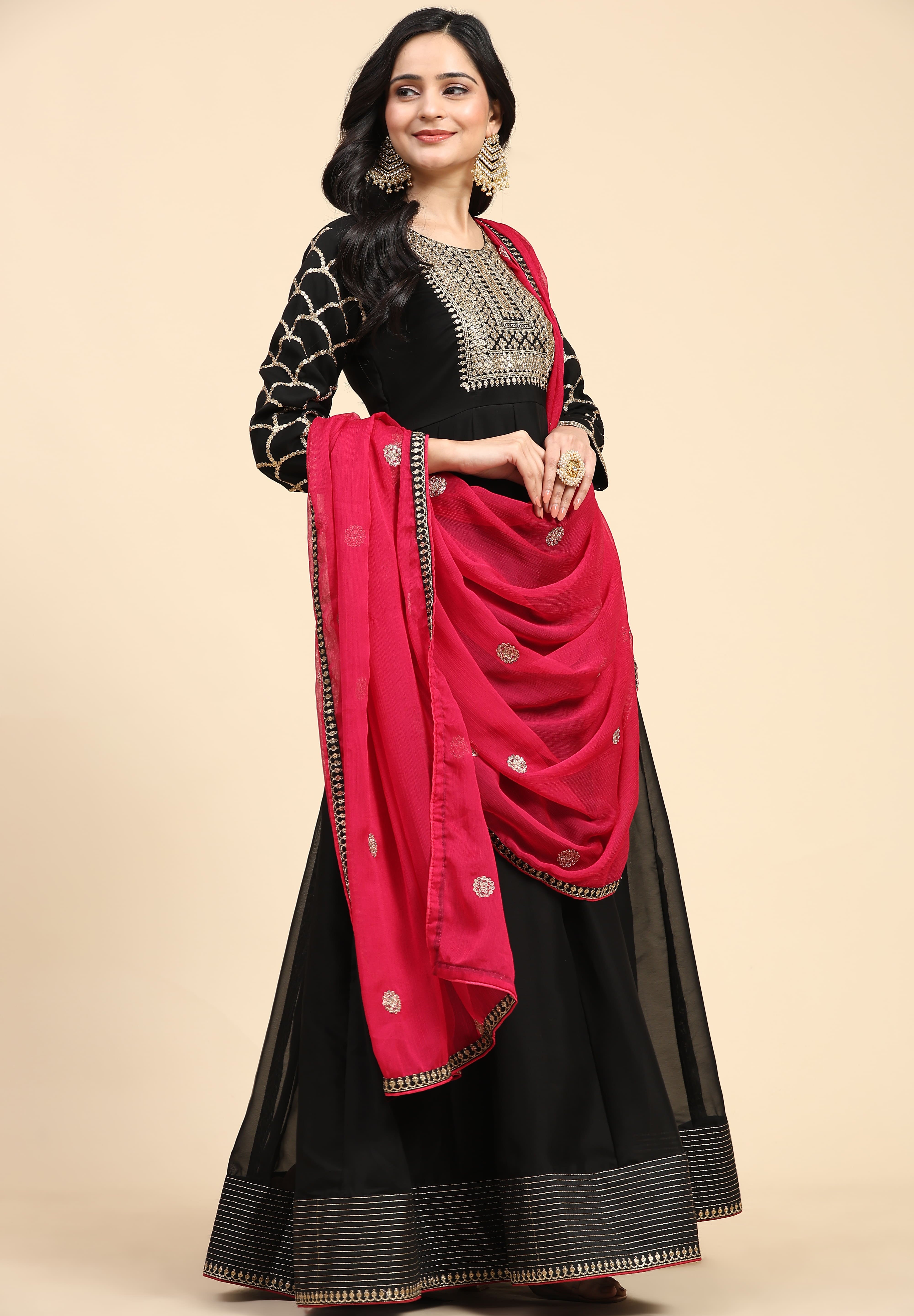 Black Rangoli Silk Embroidery Anarkali  Salwar Suit with Pink Dupatta for Women's Trendmallsin