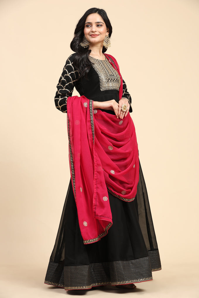 Black Rangoli Silk Embroidery Anarkali  Salwar Suit with Pink Dupatta for Women's Trendmallsin