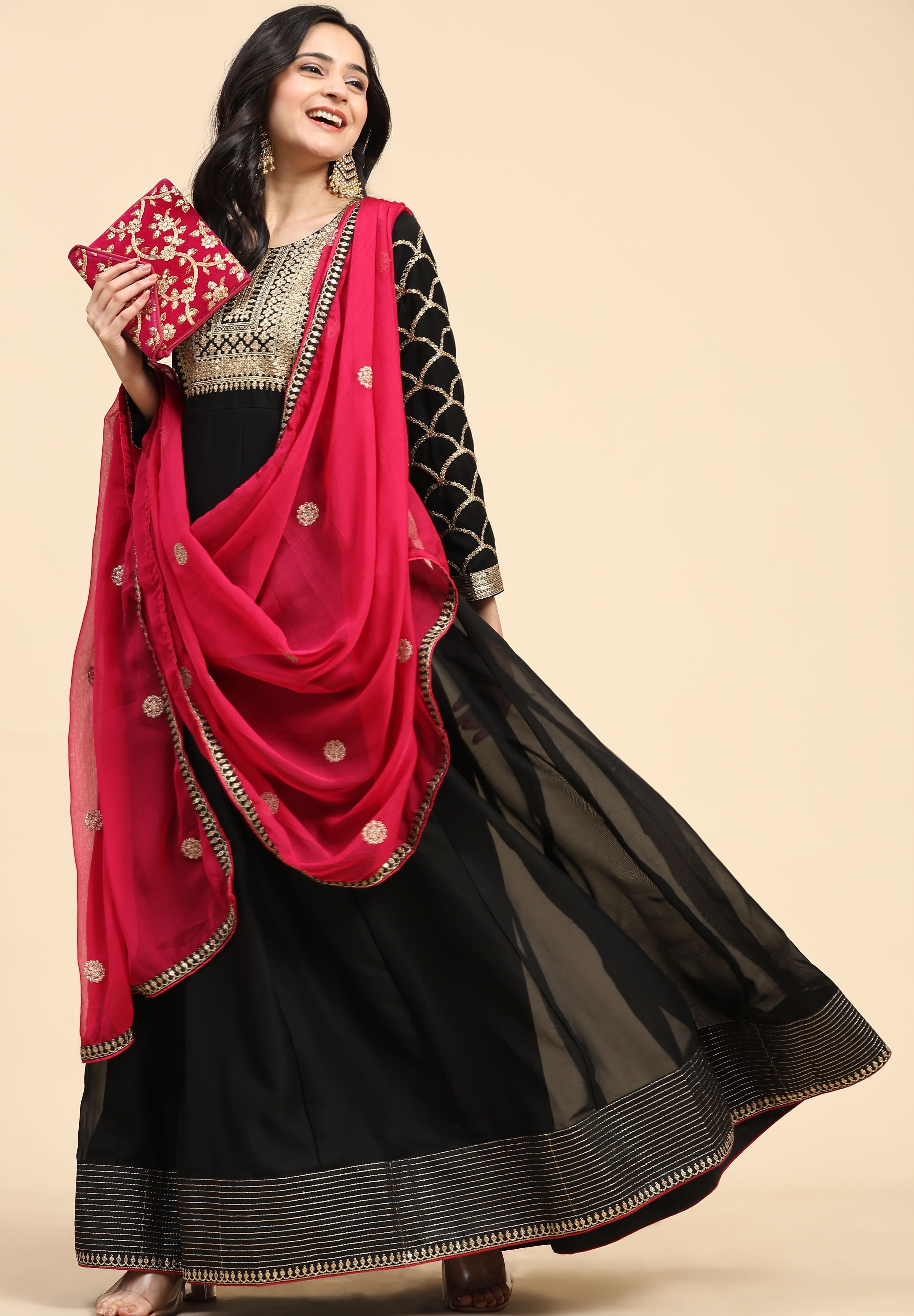 Black Rangoli Silk Embroidery Anarkali  Salwar Suit with Pink Dupatta for Women's Trendmallsin