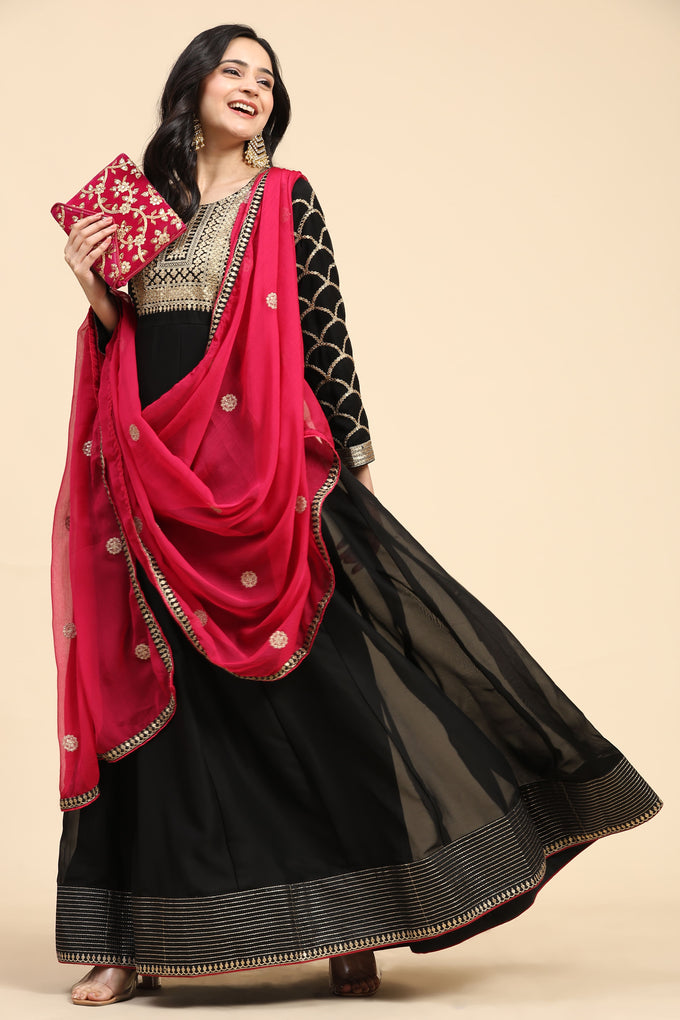 Black Rangoli Silk Embroidery Anarkali  Salwar Suit with Pink Dupatta for Women's Trendmallsin