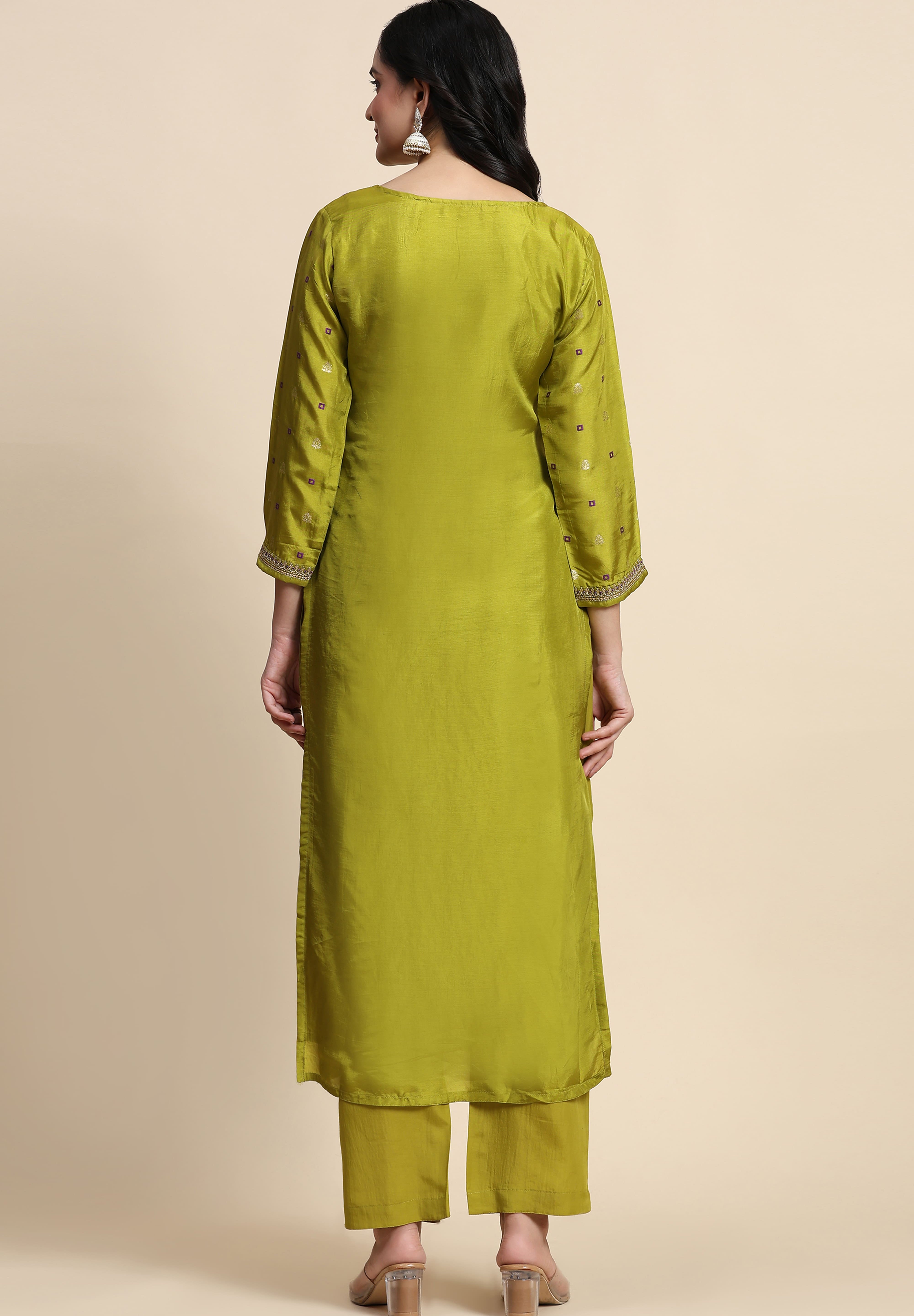Lime Green Silk Embroidery Salwar Suit with Banarasi Dupatta For Women's Trendmallsin