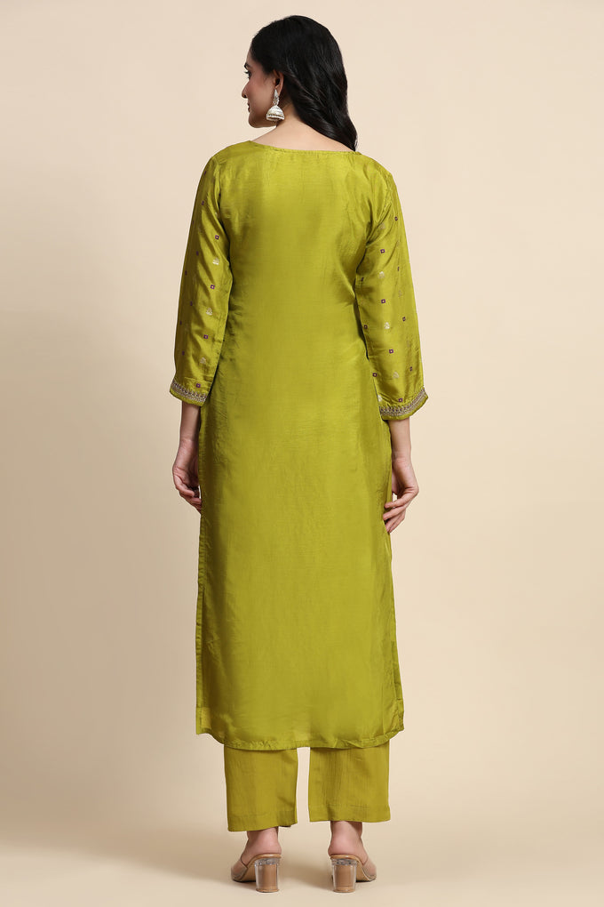 Lime Green Silk Embroidery Salwar Suit with Banarasi Dupatta For Women's Trendmallsin