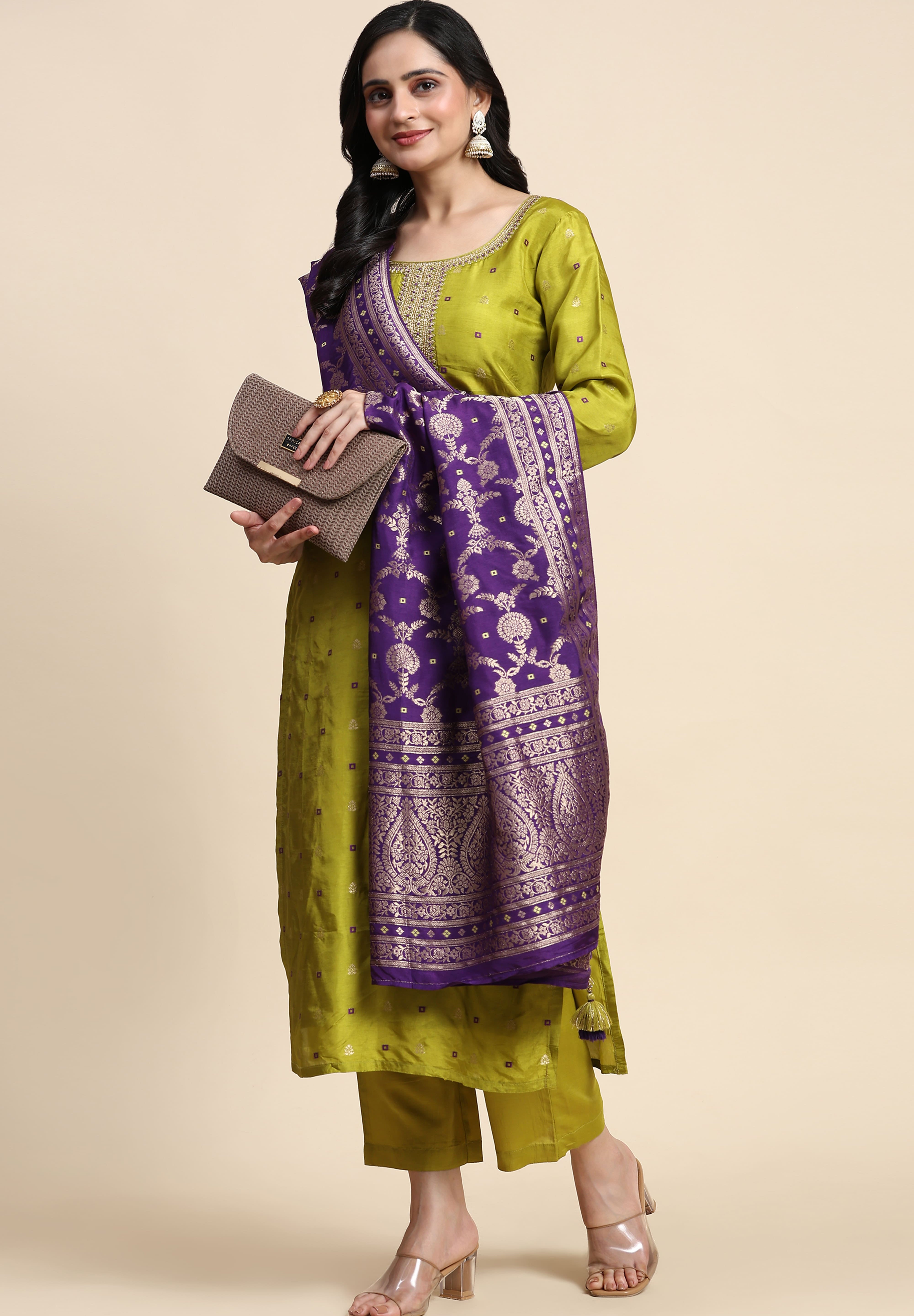 Lime Green Silk Embroidery Salwar Suit with Banarasi Dupatta For Women's Trendmallsin