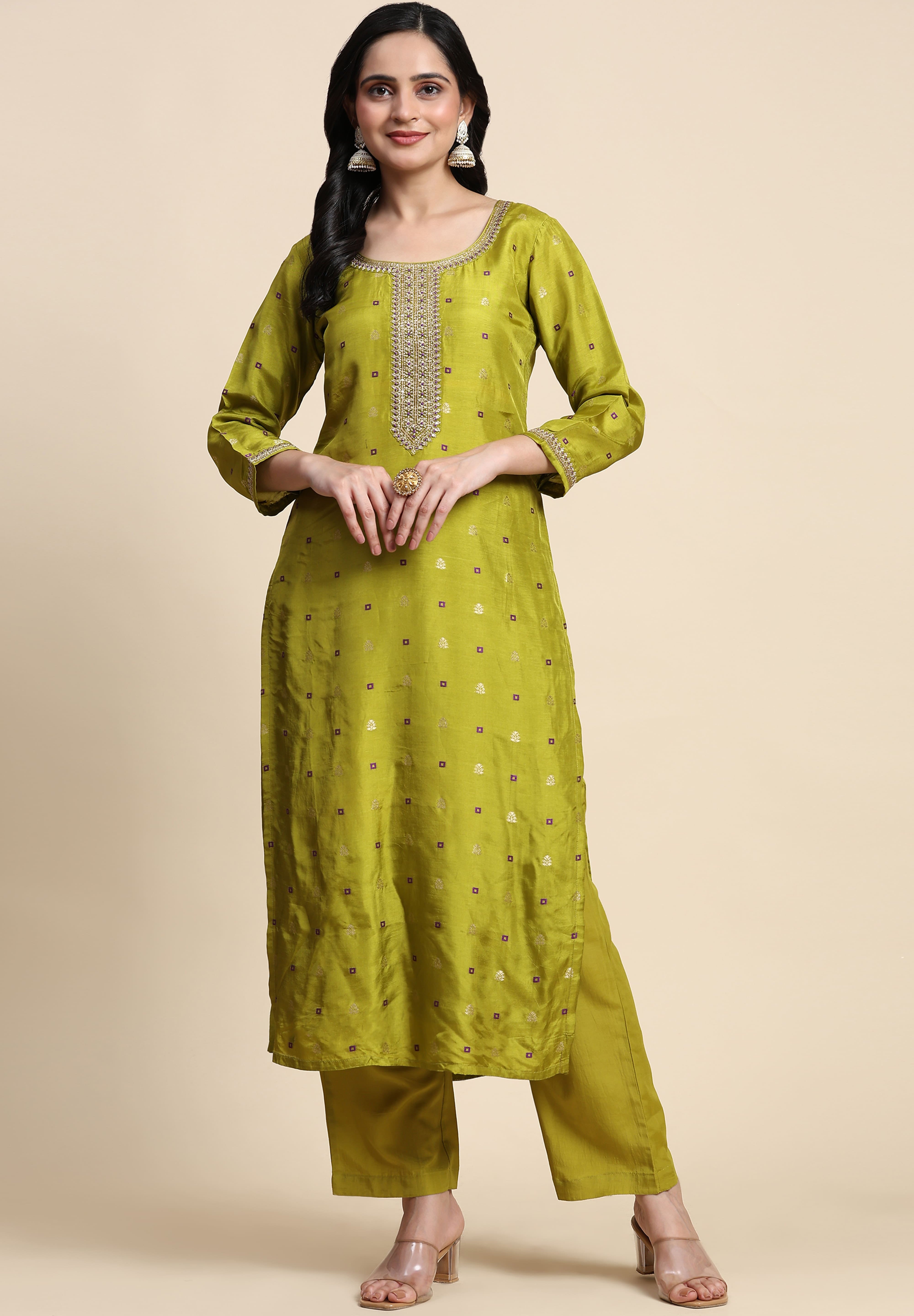 Lime Green Silk Embroidery Salwar Suit with Banarasi Dupatta For Women's Trendmallsin
