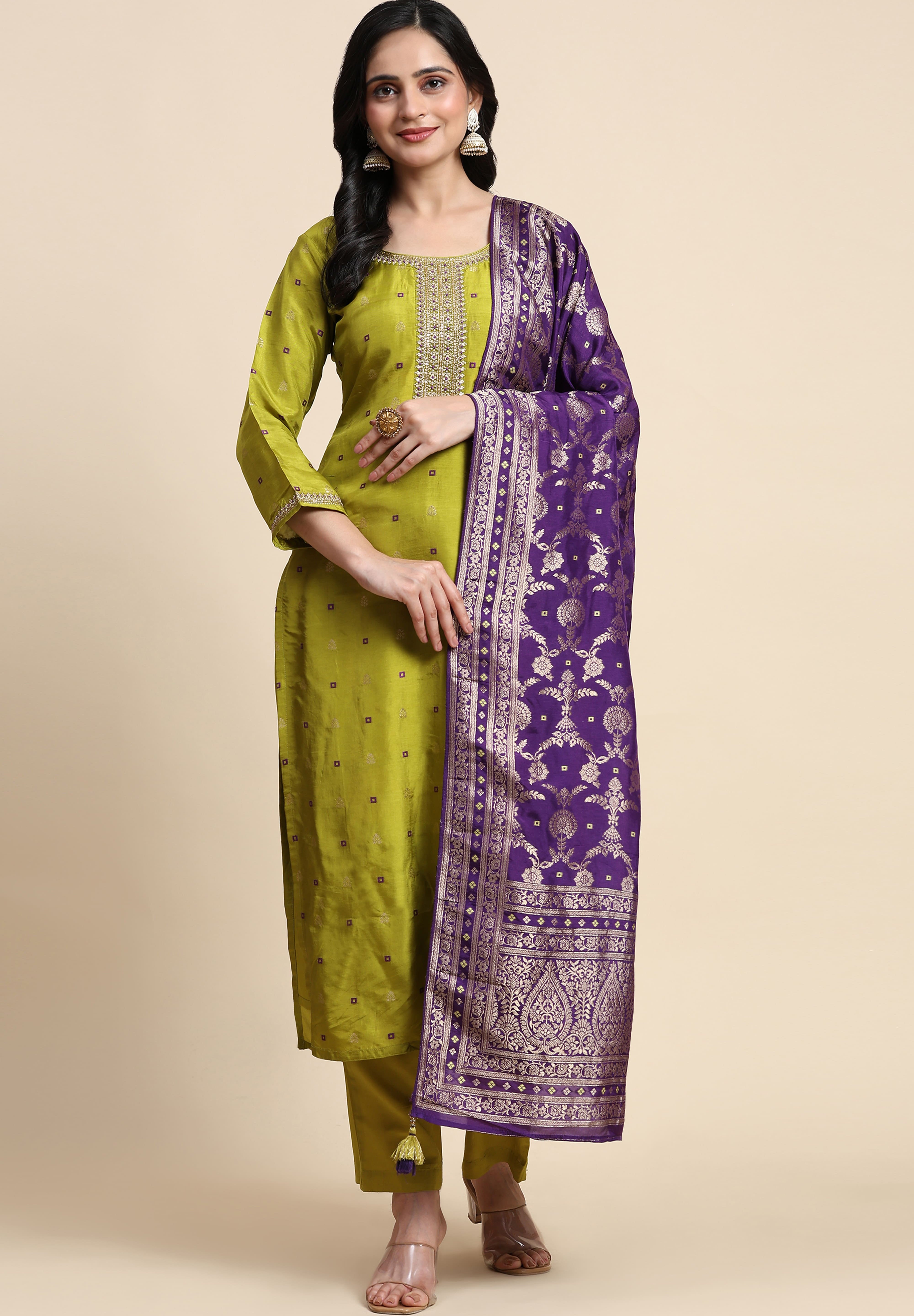 Lime Green Silk Embroidery Salwar Suit with Banarasi Dupatta For Women's Trendmallsin