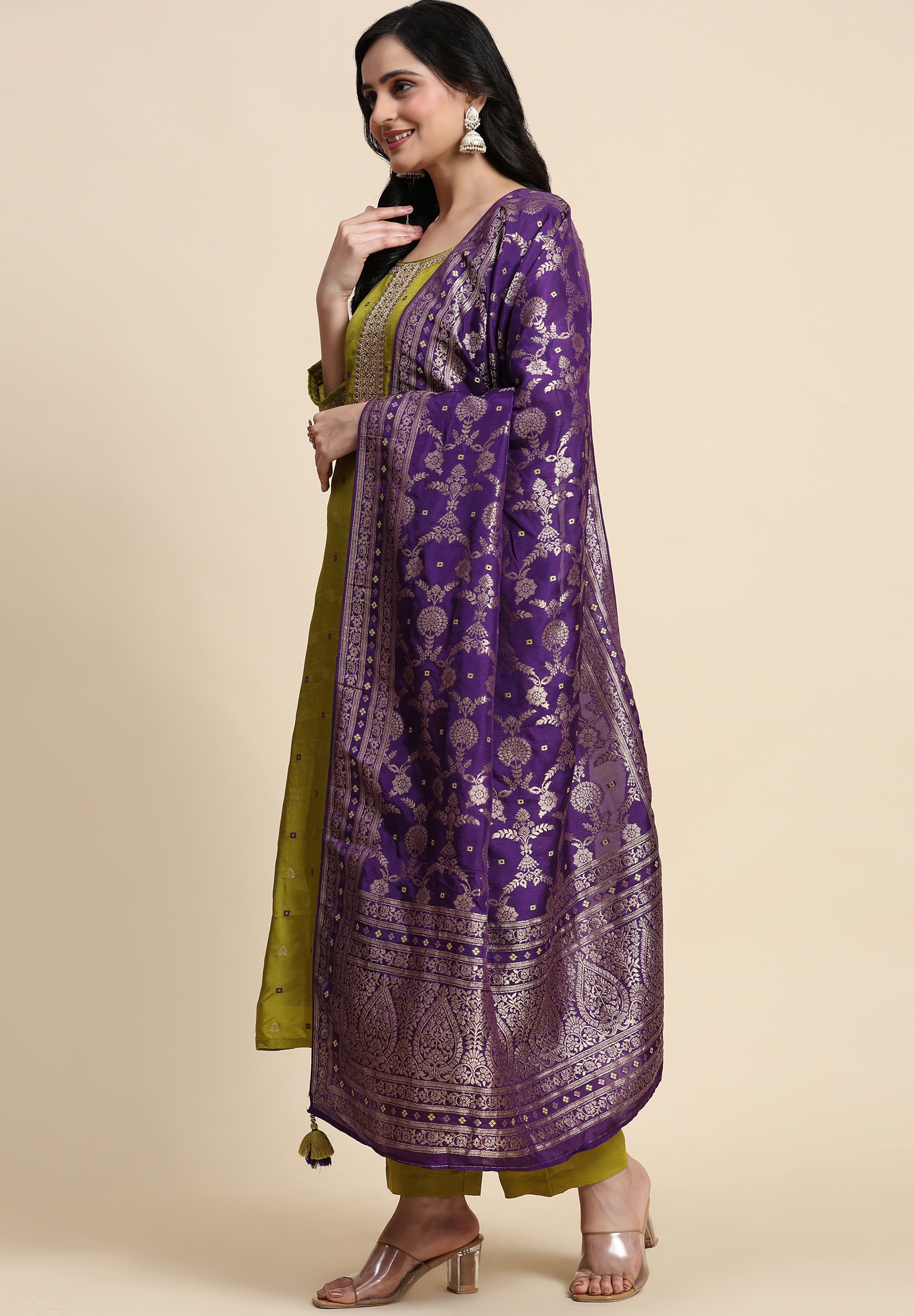 Lime Green Silk Embroidery Salwar Suit with Banarasi Dupatta For Women's Trendmallsin