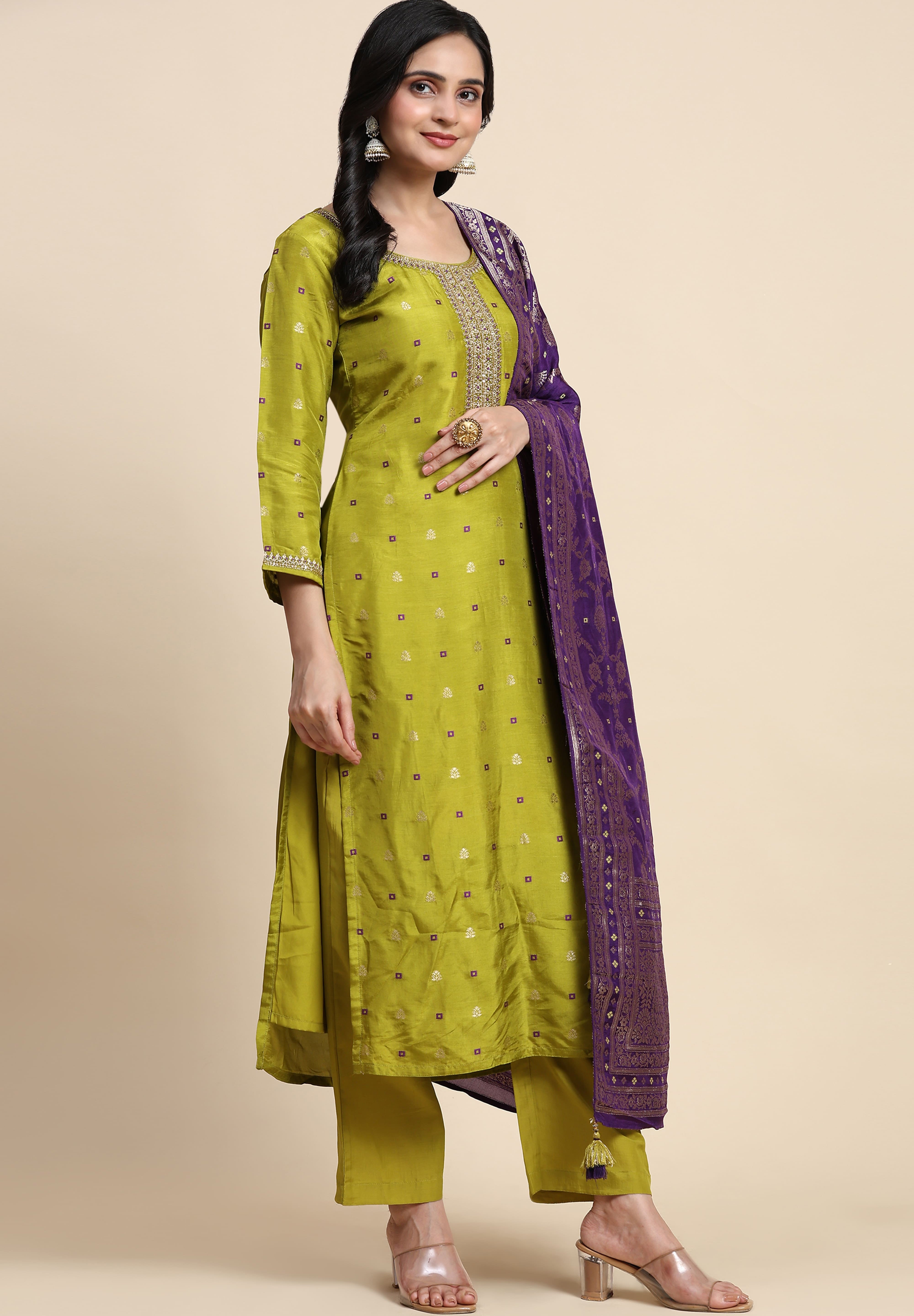 Lime Green Silk Embroidery Salwar Suit with Banarasi Dupatta For Women's Trendmallsin
