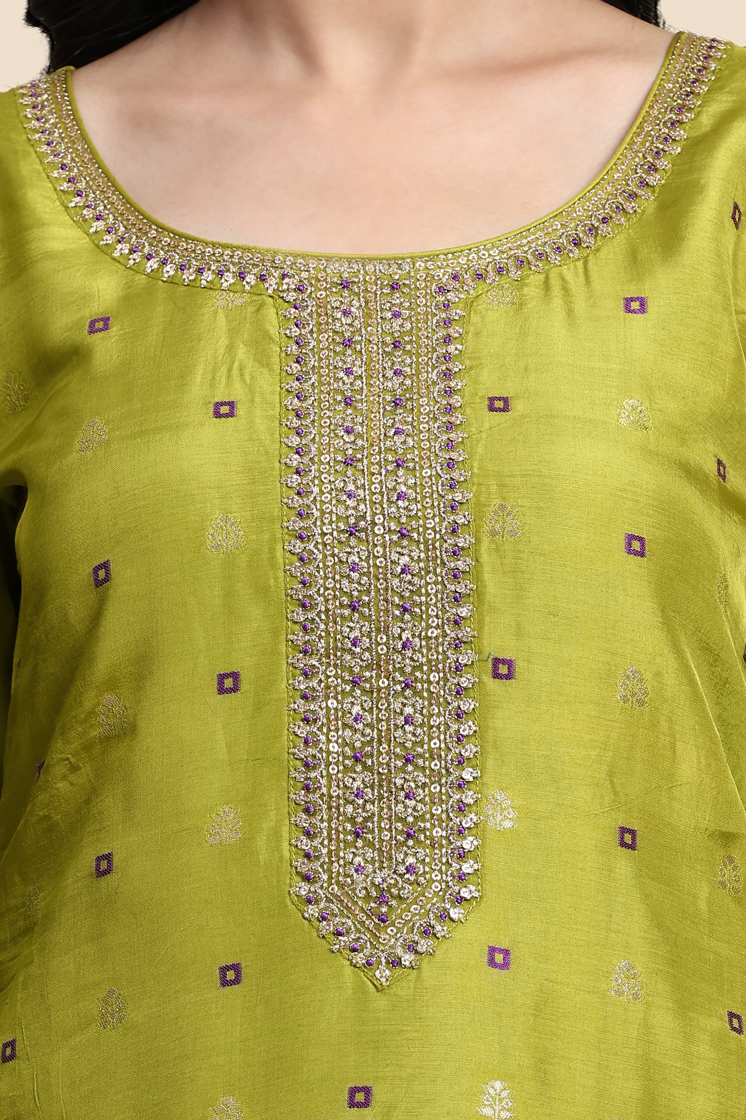 Lime Green Silk Embroidery Salwar Suit with Banarasi Dupatta For Women's Trendmallsin