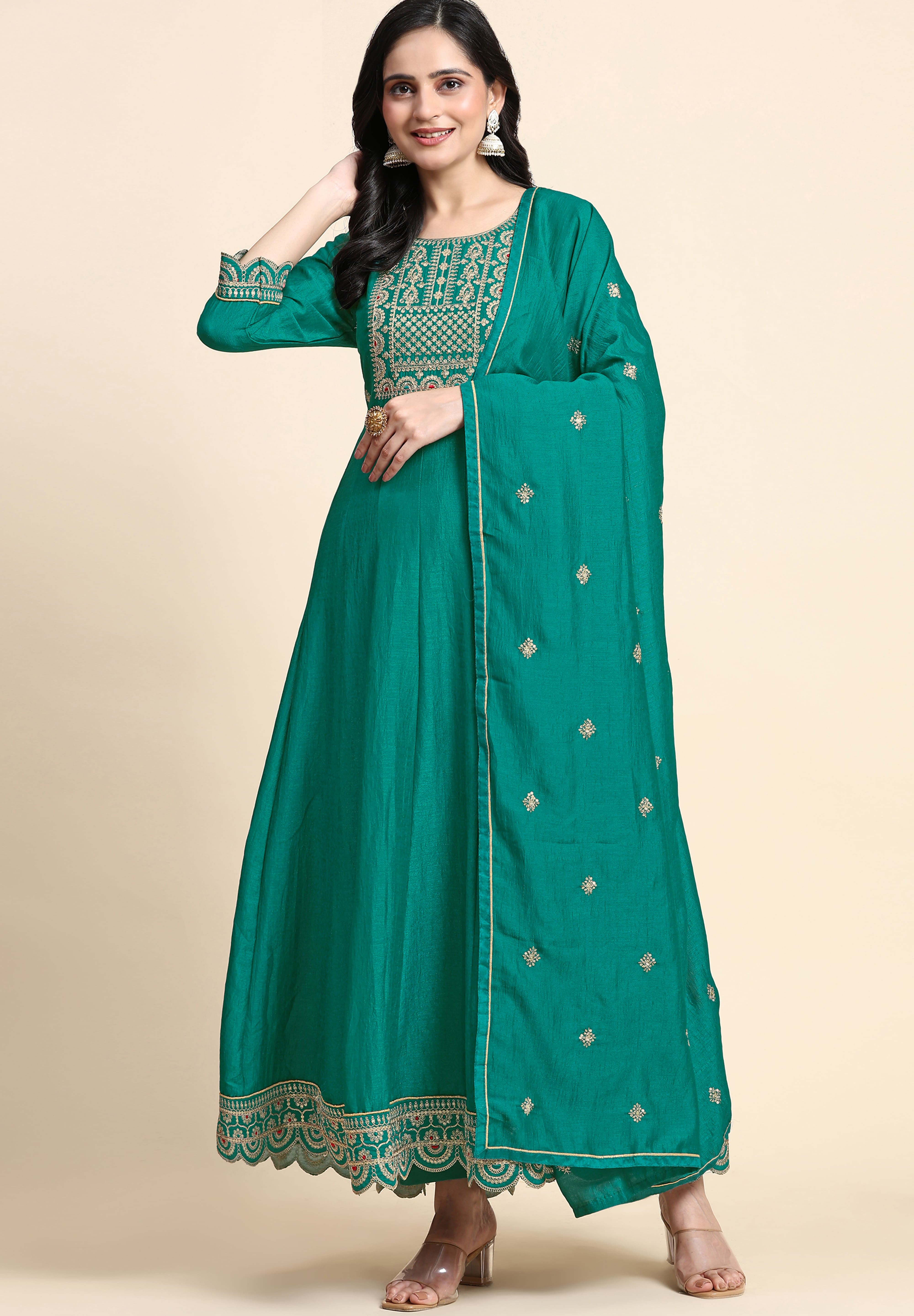 Turquoise Art Silk Embroidery A line Pleated Salwar Suit with Dupatta For Women's Trendmallsin