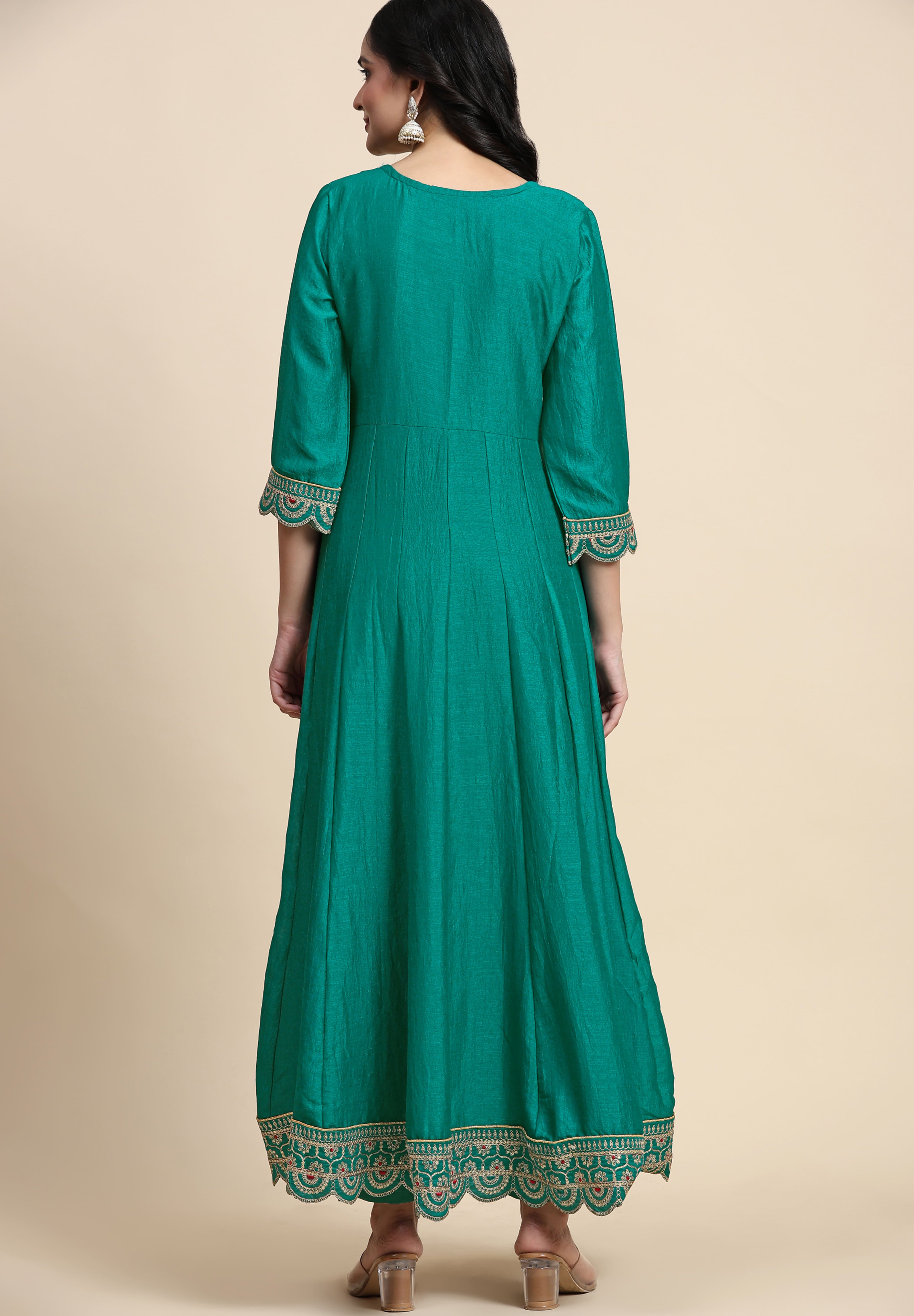 Turquoise Art Silk Embroidery A line Pleated Salwar Suit with Dupatta For Women's Trendmallsin