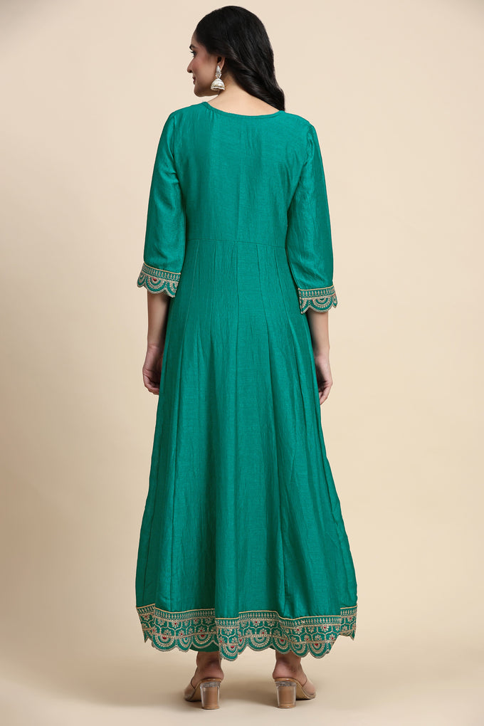 Turquoise Art Silk Embroidery A line Pleated Salwar Suit with Dupatta For Women's Trendmallsin