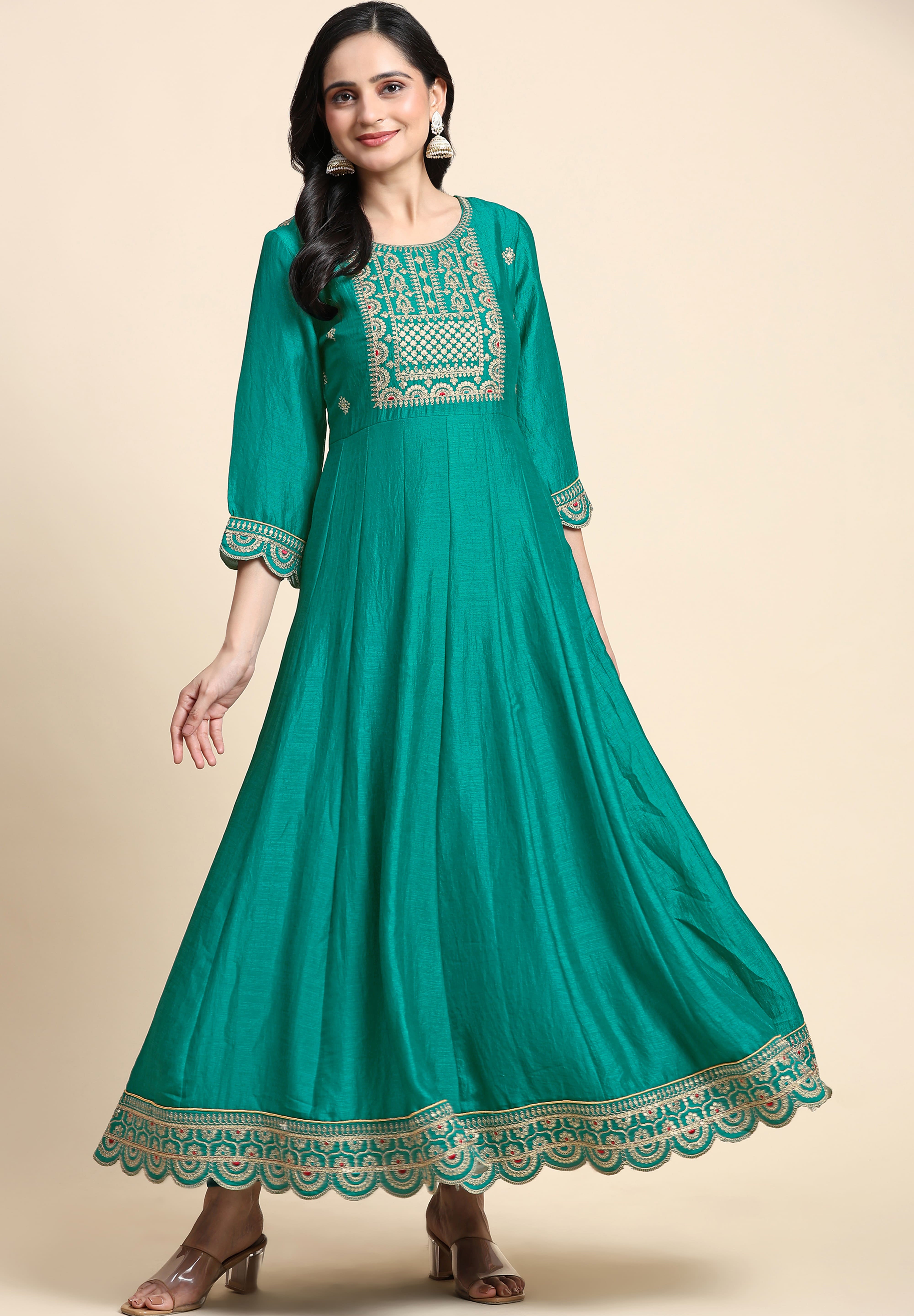 Turquoise Art Silk Embroidery A line Pleated Salwar Suit with Dupatta For Women's Trendmallsin