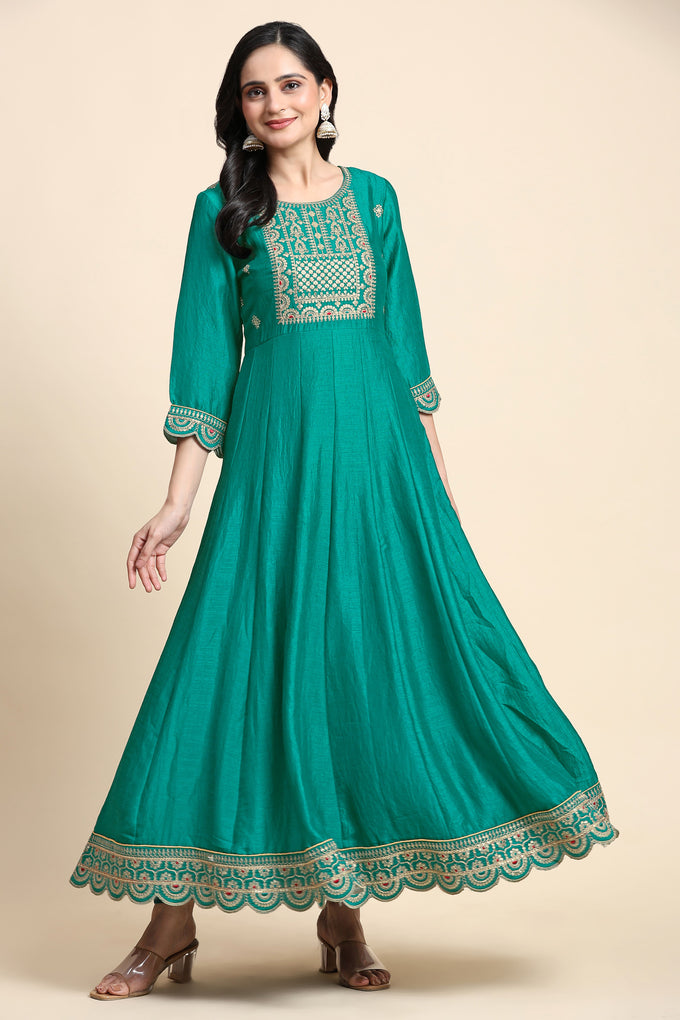 Turquoise Art Silk Embroidery A line Pleated Salwar Suit with Dupatta For Women's Trendmallsin