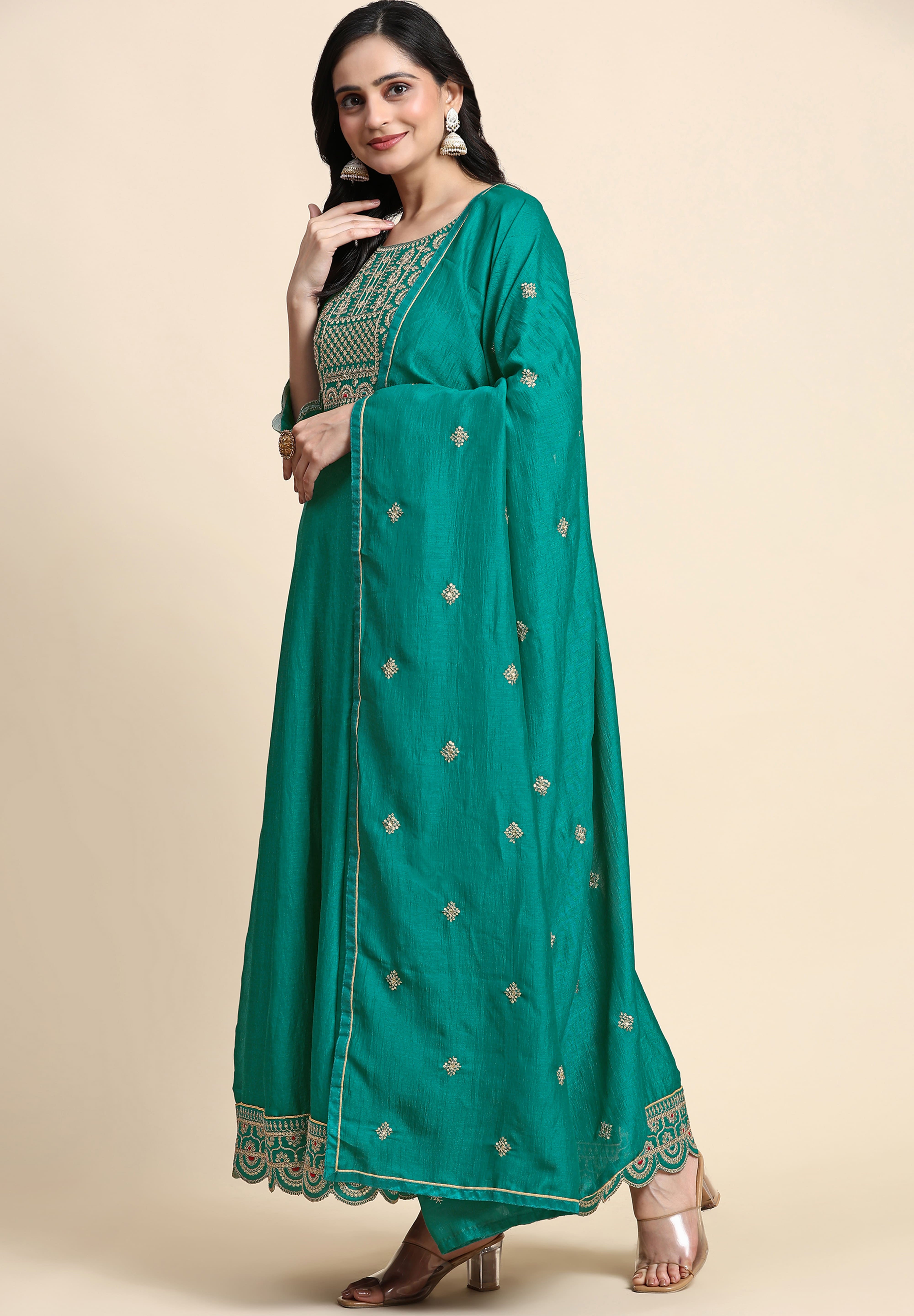 Turquoise Art Silk Embroidery A line Pleated Salwar Suit with Dupatta For Women's Trendmallsin