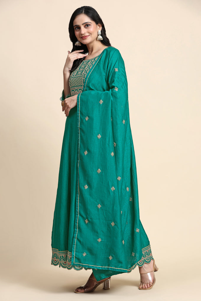 Turquoise Art Silk Embroidery A line Pleated Salwar Suit with Dupatta For Women's Trendmallsin