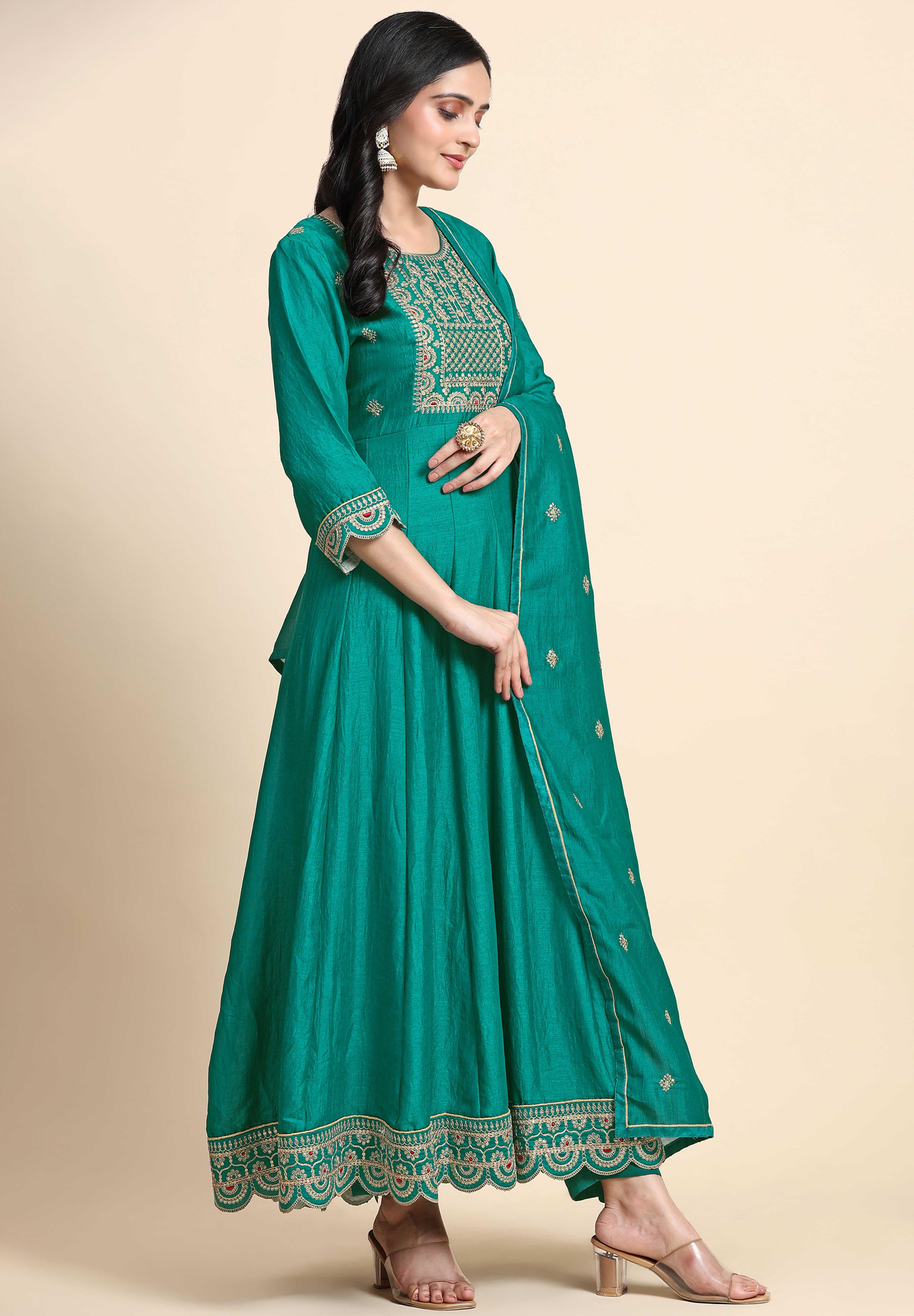Turquoise Art Silk Embroidery A line Pleated Salwar Suit with Dupatta For Women's Trendmallsin