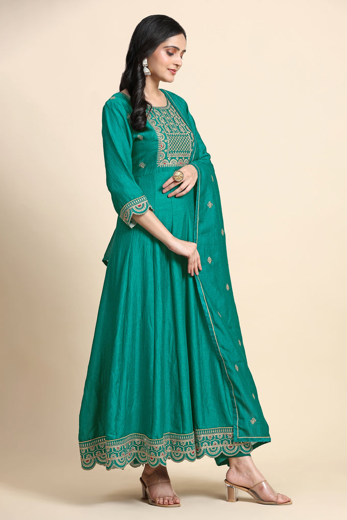 Turquoise Art Silk Embroidery A line Pleated Salwar Suit with Dupatta For Women's Trendmallsin