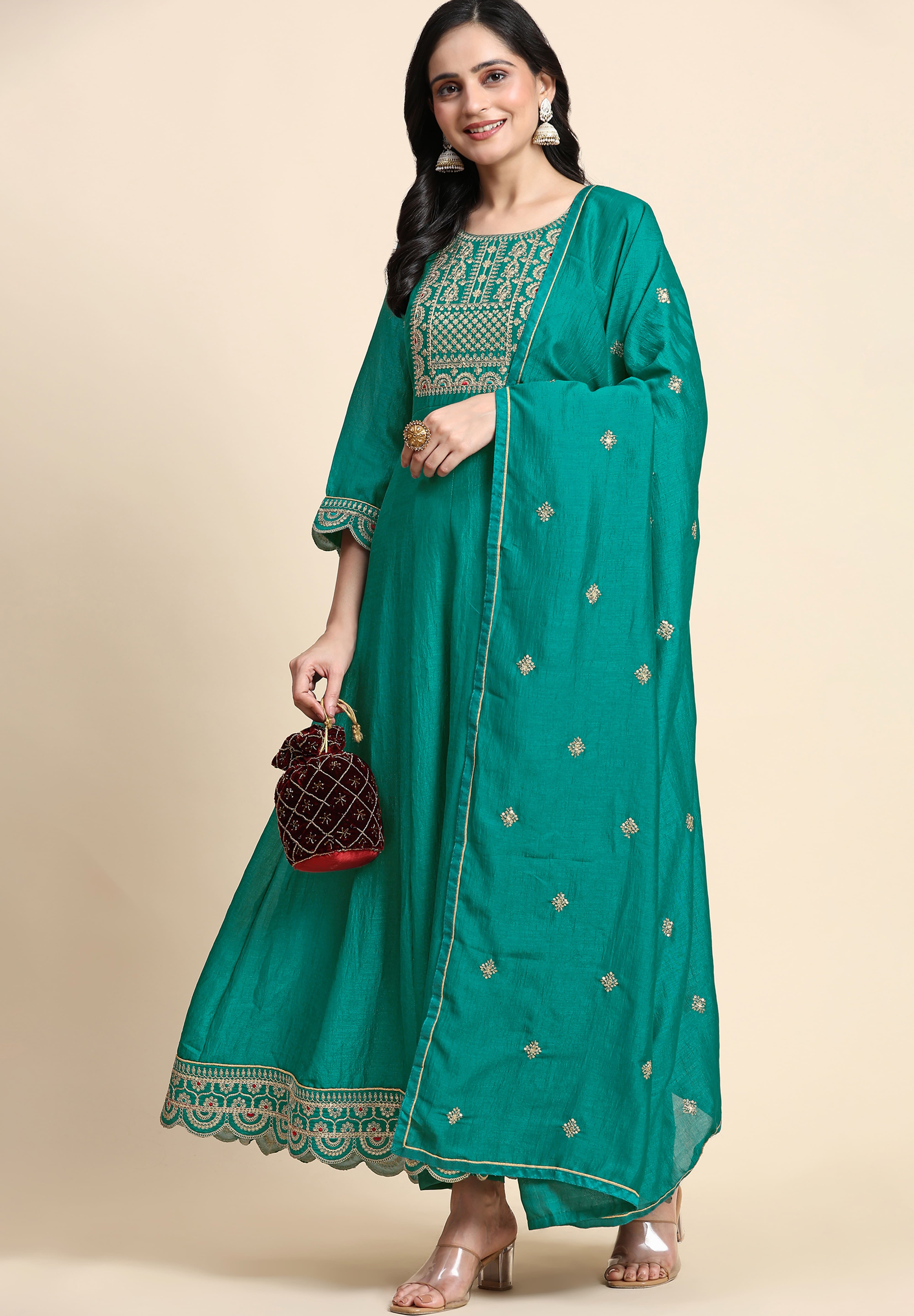 Turquoise Art Silk Embroidery A line Pleated Salwar Suit with Dupatta For Women's Trendmallsin