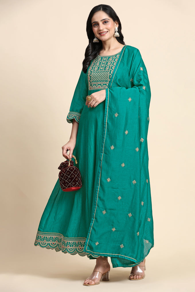 Turquoise Art Silk Embroidery A line Pleated Salwar Suit with Dupatta For Women's Trendmallsin