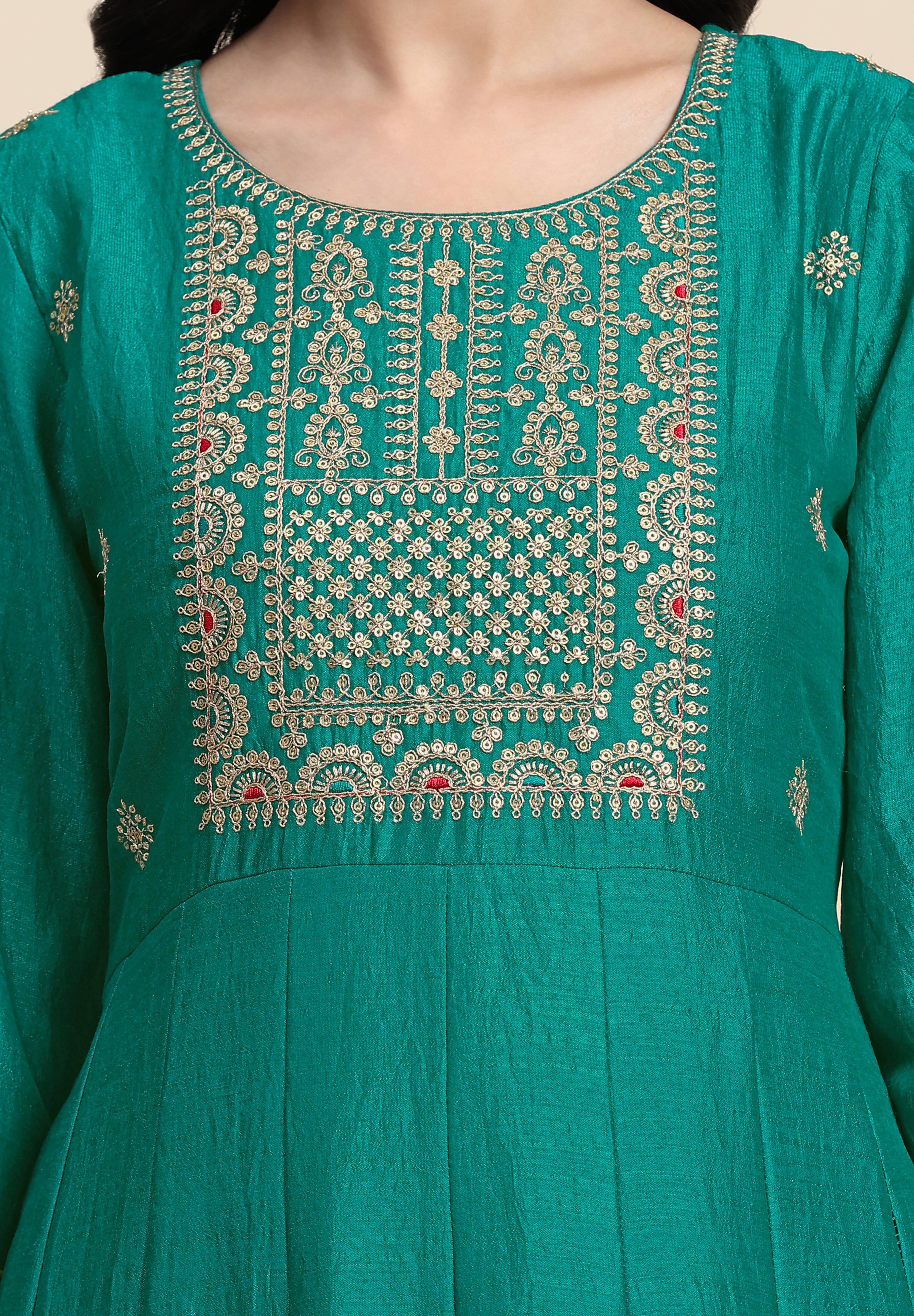 Turquoise Art Silk Embroidery A line Pleated Salwar Suit with Dupatta For Women's Trendmallsin
