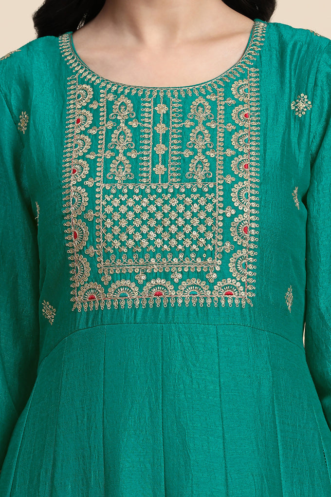 Turquoise Art Silk Embroidery A line Pleated Salwar Suit with Dupatta For Women's Trendmallsin