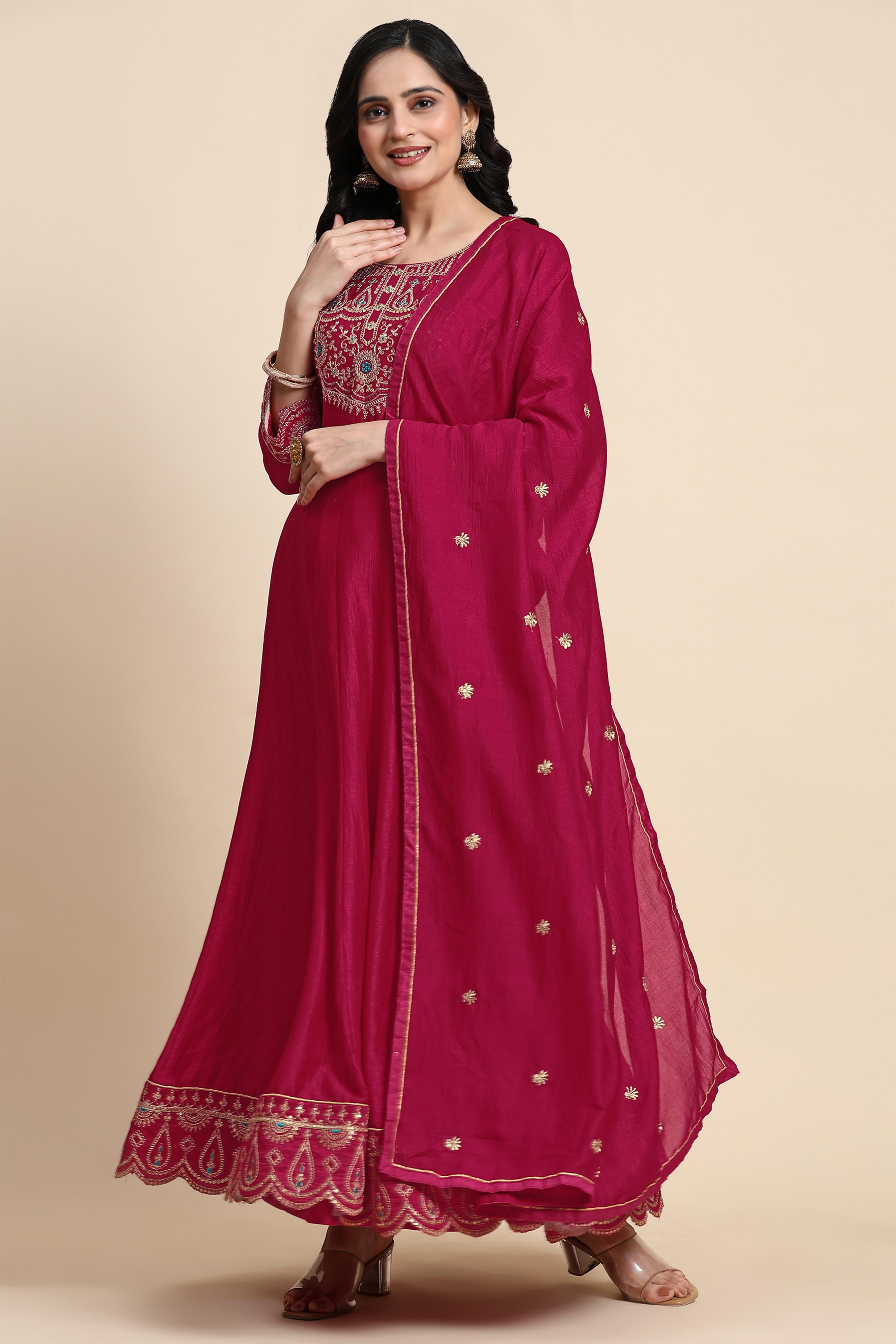 Pink Art Silk Embroidery A line Pleated Salwar Suit Set with Dupatta For Women's Trendmalls