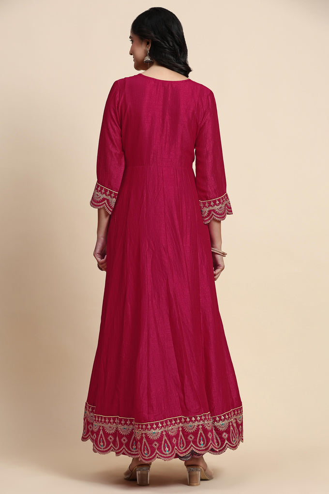 Pink Art Silk Embroidery A line Pleated Salwar Suit Set with Dupatta For Women's Trendmalls