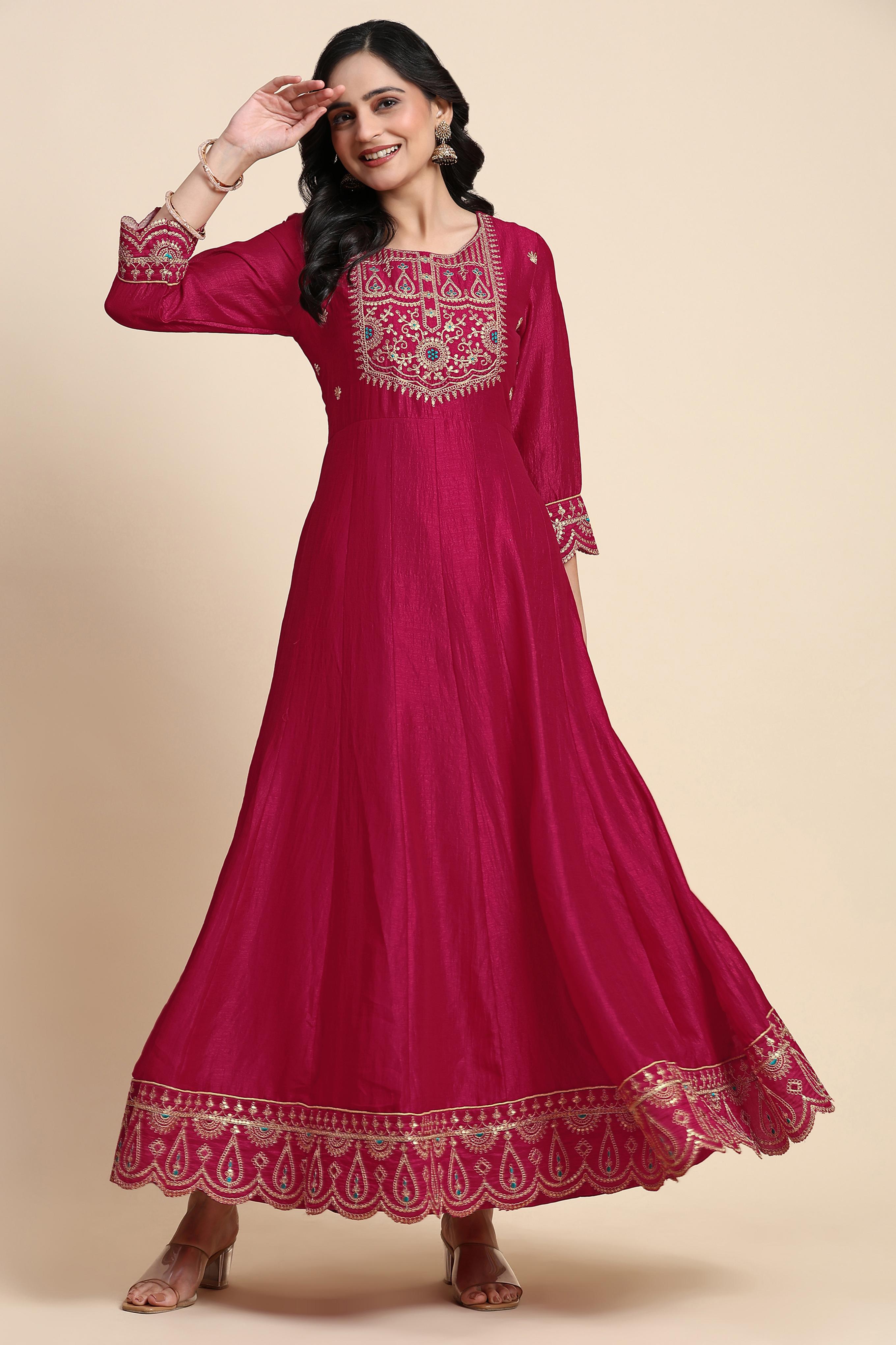 Pink Art Silk Embroidery A line Pleated Salwar Suit Set with Dupatta For Women's Trendmalls