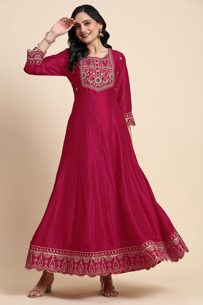 Pink Art Silk Embroidery A line Pleated Salwar Suit Set with Dupatta For Women's Trendmalls