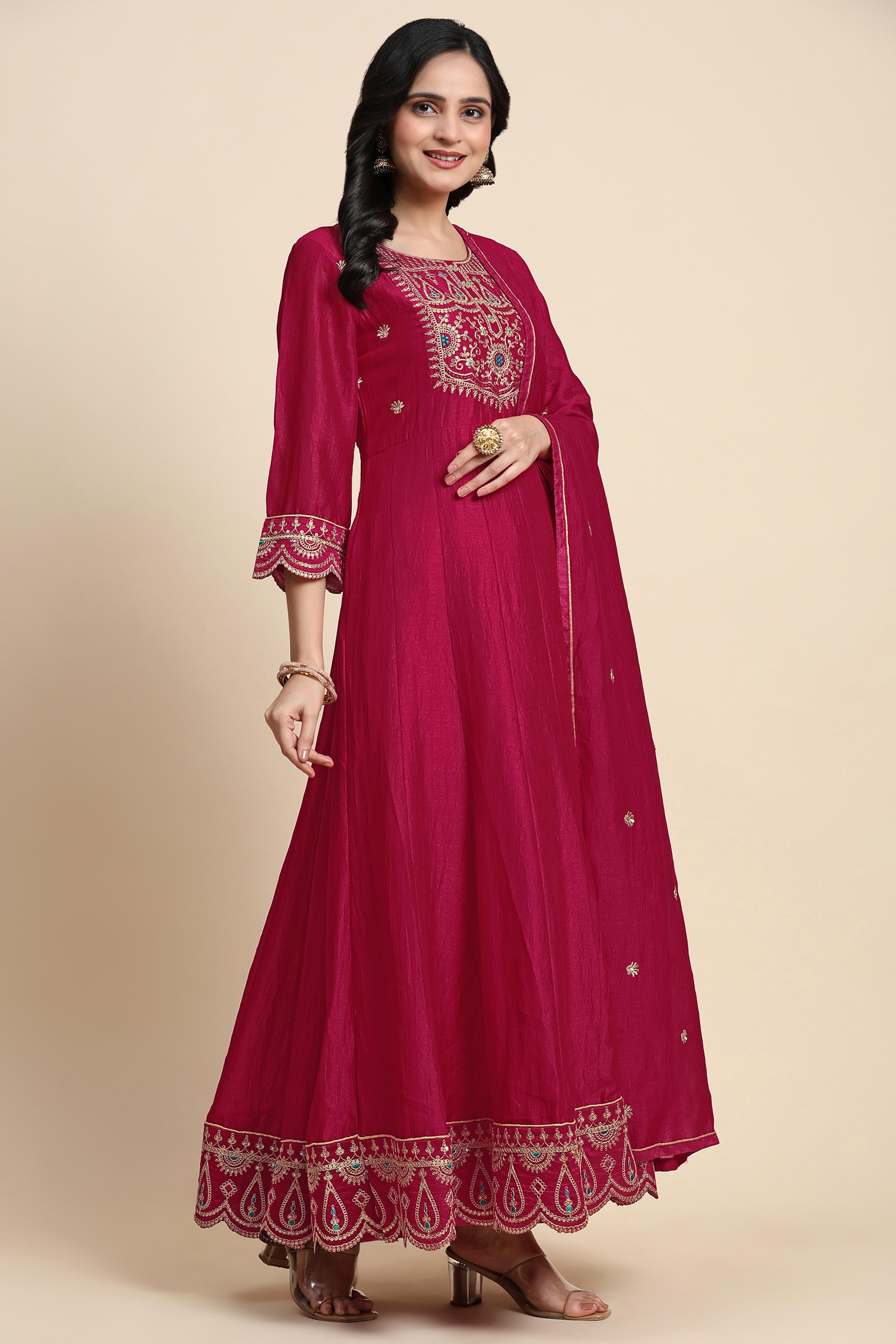 Pink Art Silk Embroidery A line Pleated Salwar Suit Set with Dupatta For Women's Trendmalls