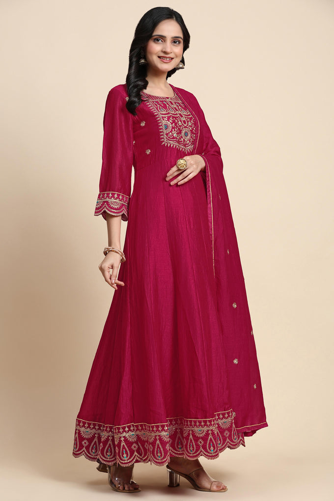 Pink Art Silk Embroidery A line Pleated Salwar Suit Set with Dupatta For Women's Trendmalls