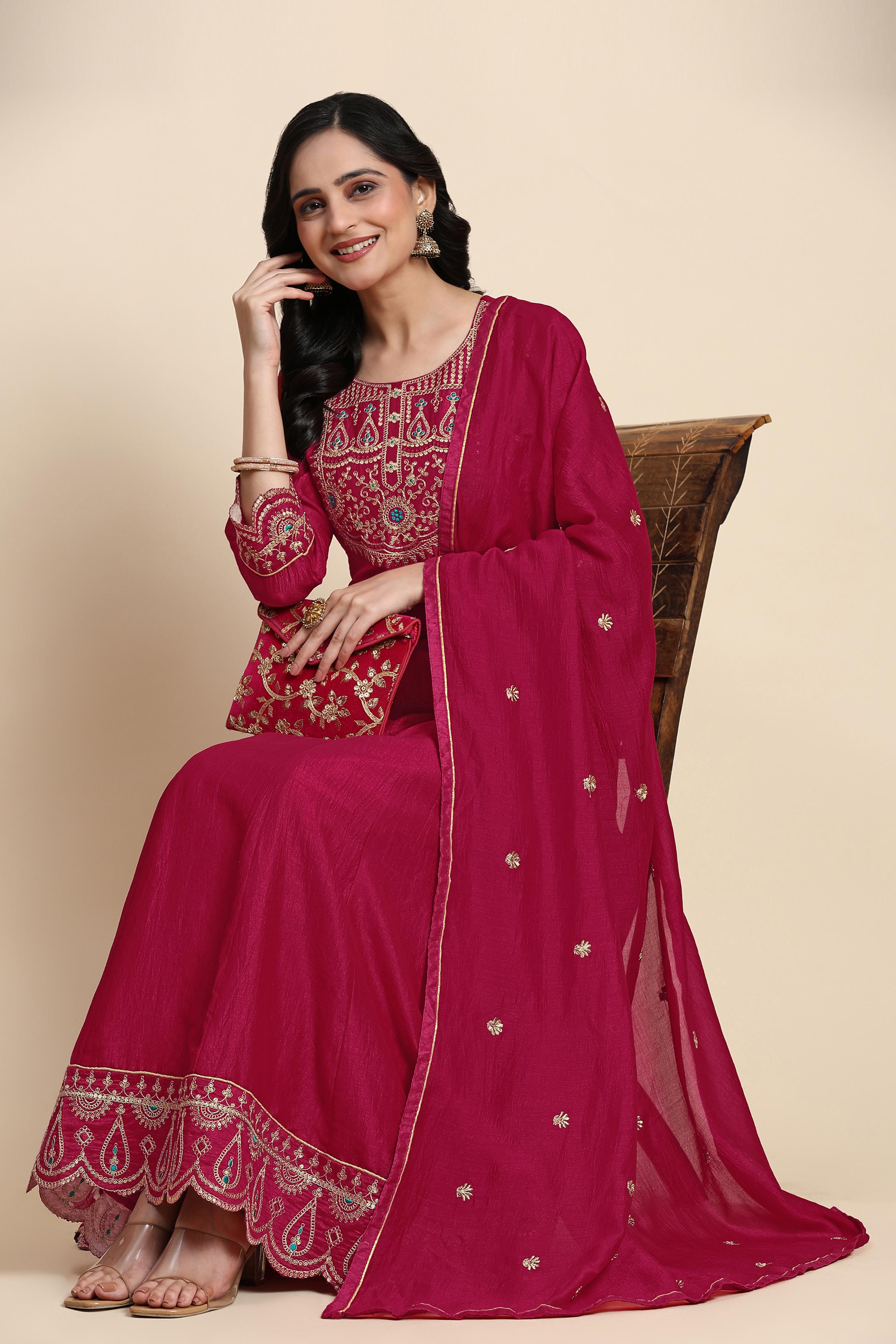 Pink Art Silk Embroidery A line Pleated Salwar Suit Set with Dupatta For Women's Trendmalls