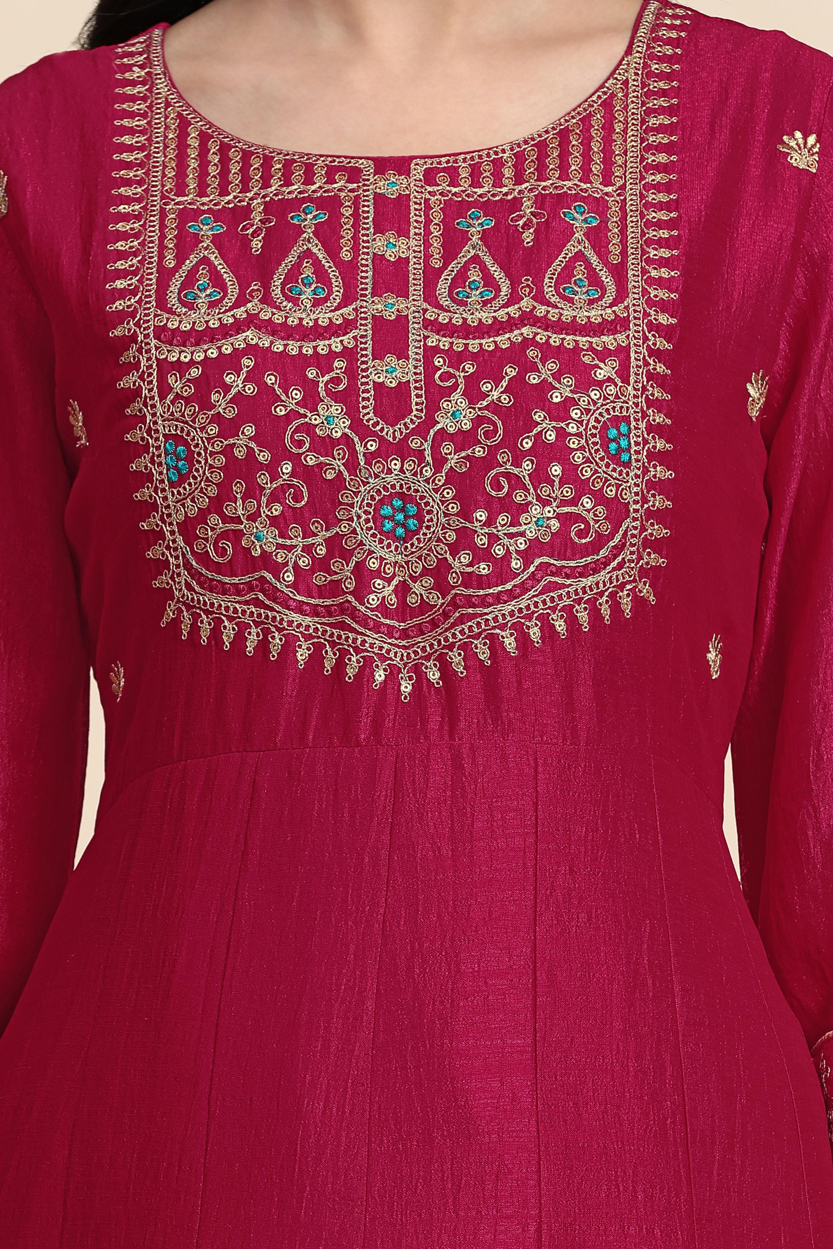Pink Art Silk Embroidery A line Pleated Salwar Suit Set with Dupatta For Women's Trendmalls