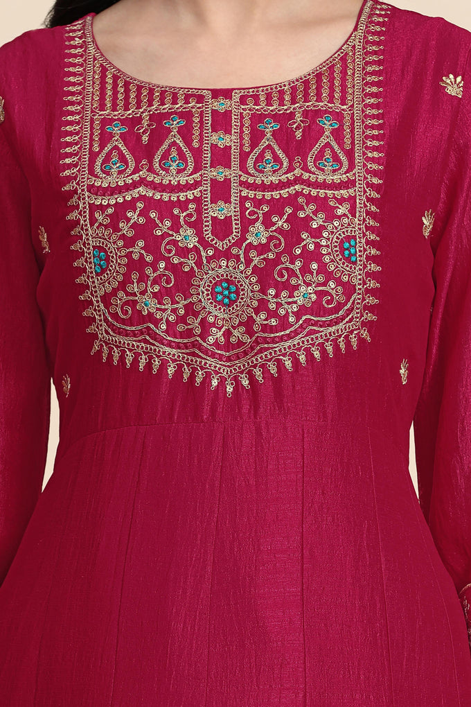 Pink Art Silk Embroidery A line Pleated Salwar Suit Set with Dupatta For Women's Trendmalls