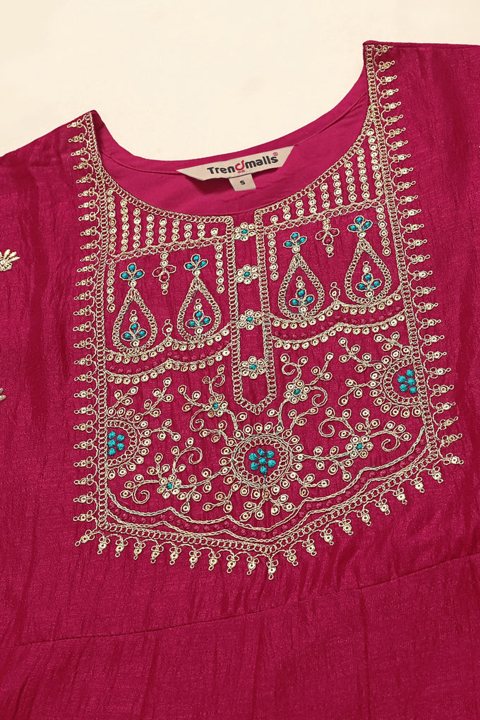 Pink Art Silk Embroidery A line Pleated Salwar Suit Set with Dupatta For Women's Trendmalls
