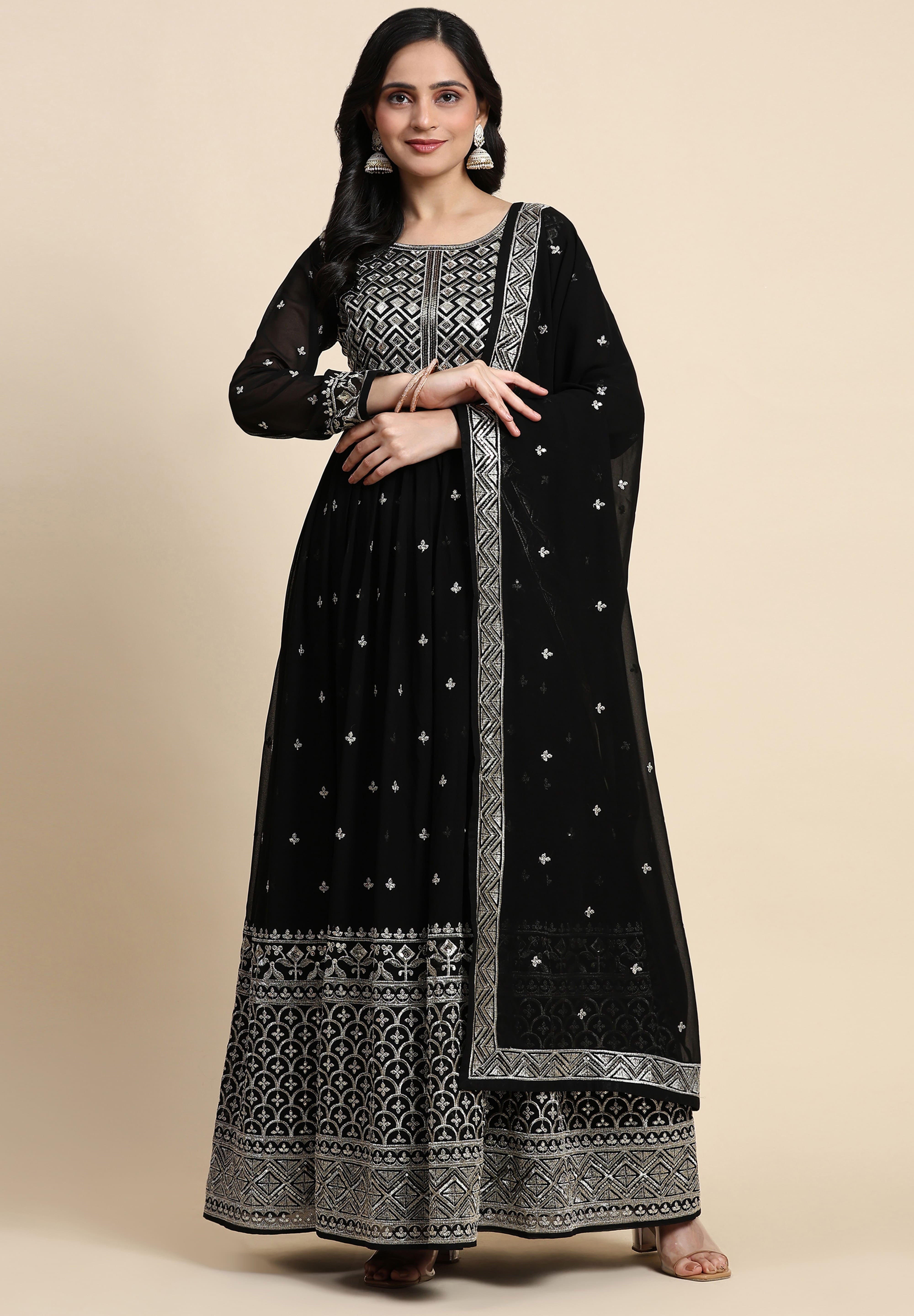 Black Georgette Anarkali Embroidery Sequence Work Salwar Suit Set with Dupatta For Women's Trendmallsin