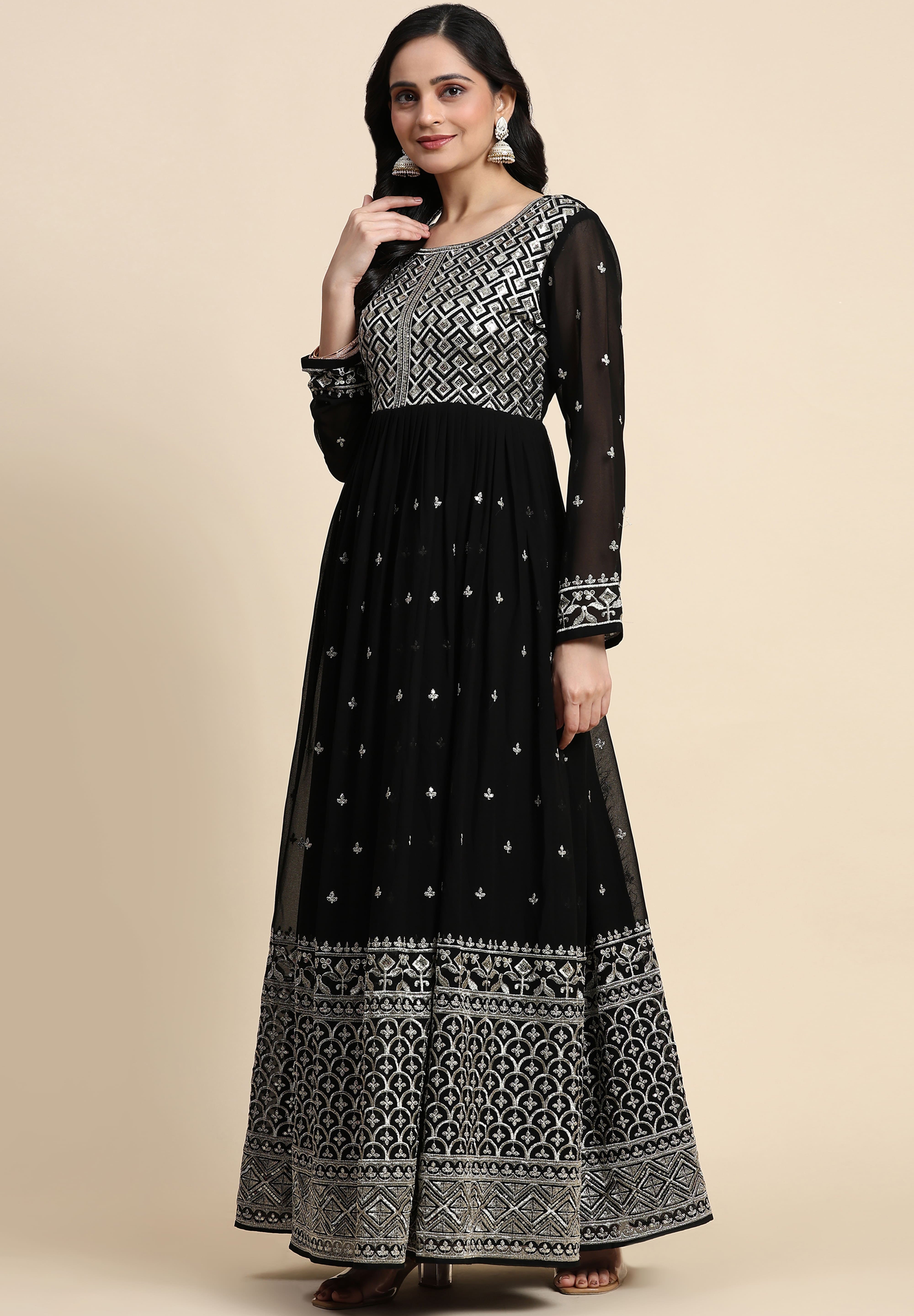Black Georgette Anarkali Embroidery Sequence Work Salwar Suit Set with Dupatta For Women's Trendmallsin