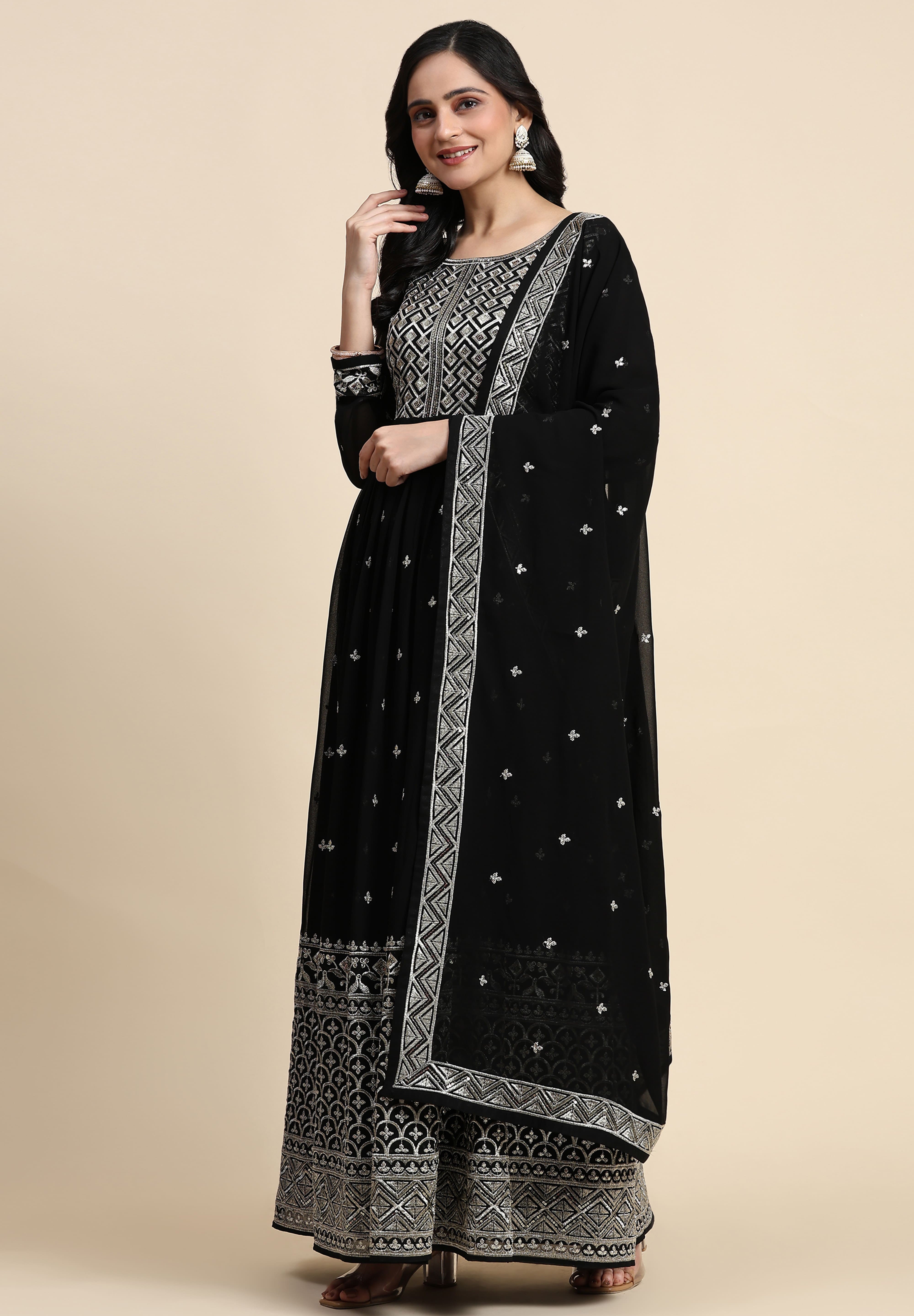Black Georgette Anarkali Embroidery Sequence Work Salwar Suit Set with Dupatta For Women's Trendmallsin