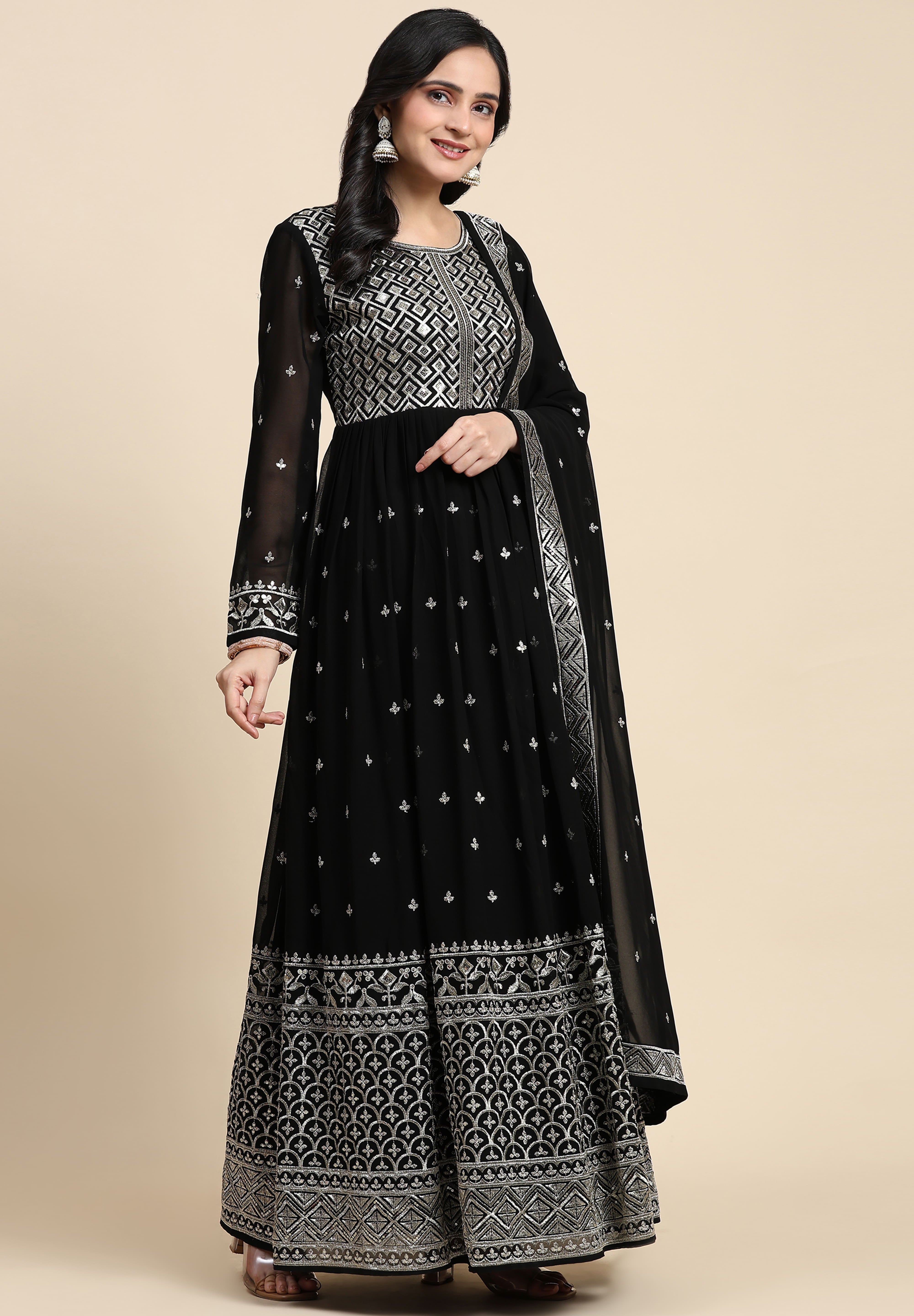 Black Georgette Anarkali Embroidery Sequence Work Salwar Suit Set with Dupatta For Women's Trendmallsin
