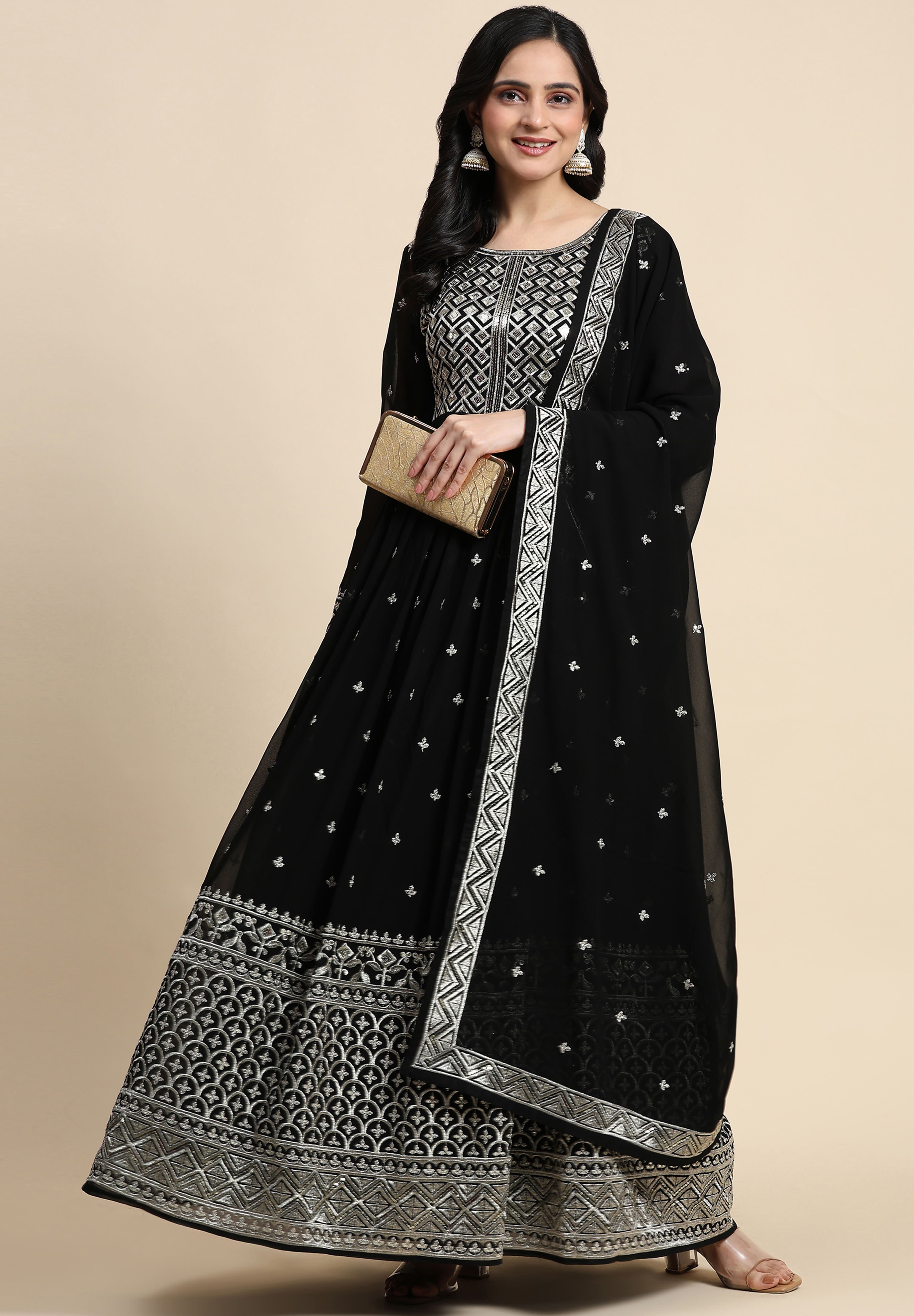 Black Georgette Anarkali Embroidery Sequence Work Salwar Suit Set with Dupatta For Women's Trendmallsin