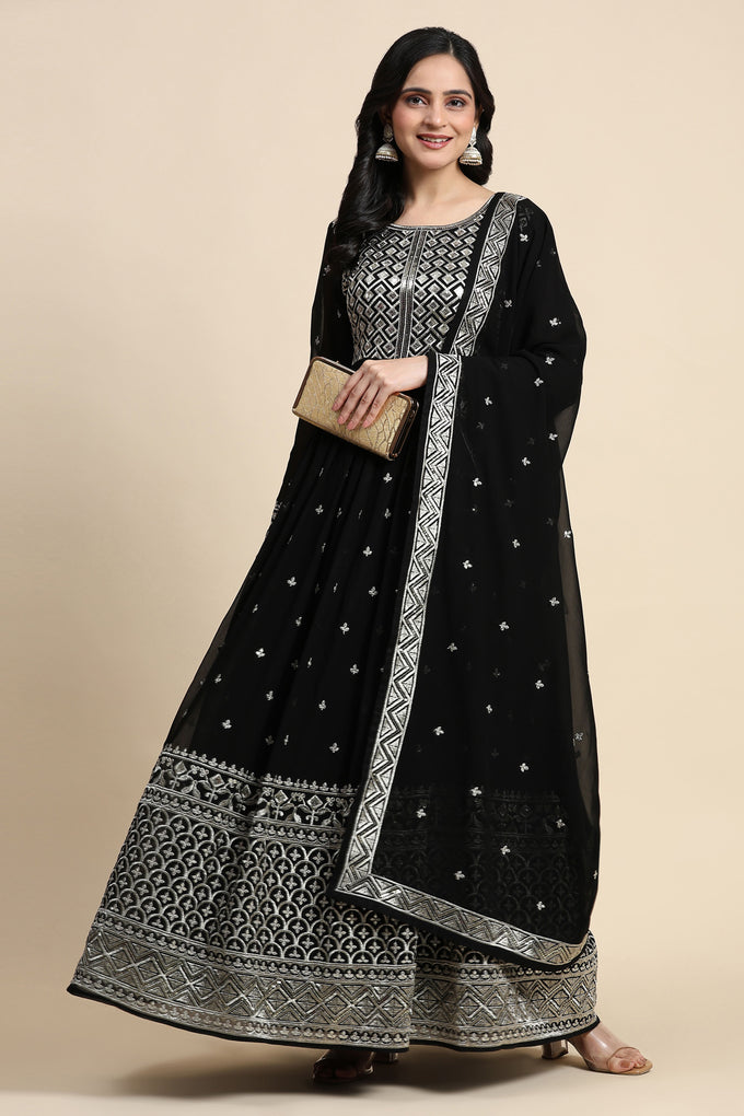 Black Georgette Anarkali Embroidery Sequence Work Salwar Suit Set with Dupatta For Women's Trendmallsin