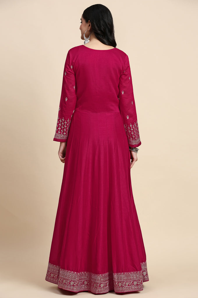 Pink Vichitra Silk Embroidery Anarkali Kurta Pant Salwar Suit Set for Women's Trendmallsin