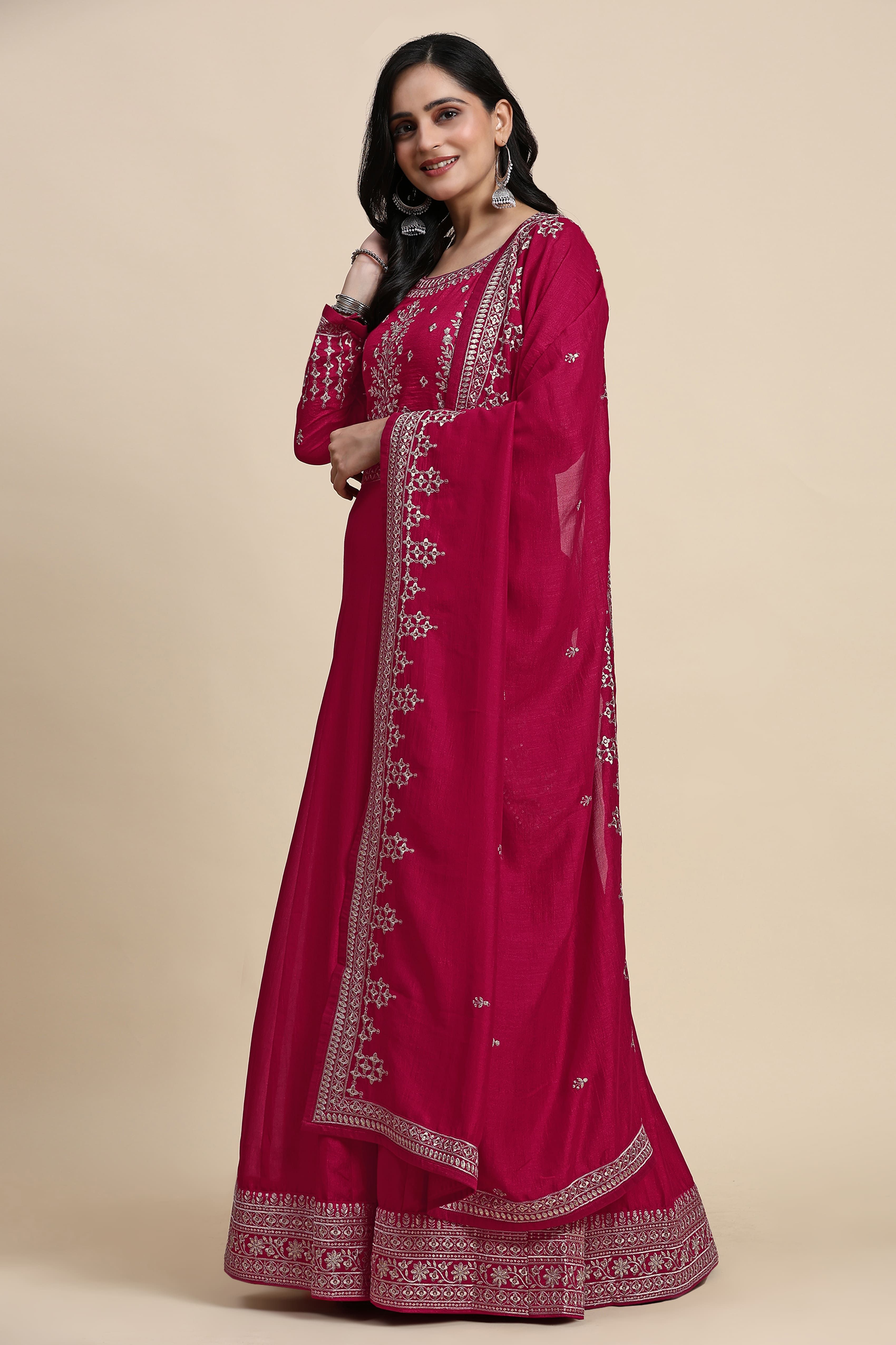Pink Vichitra Silk Embroidery Anarkali Kurta Pant Salwar Suit Set for Women's Trendmallsin