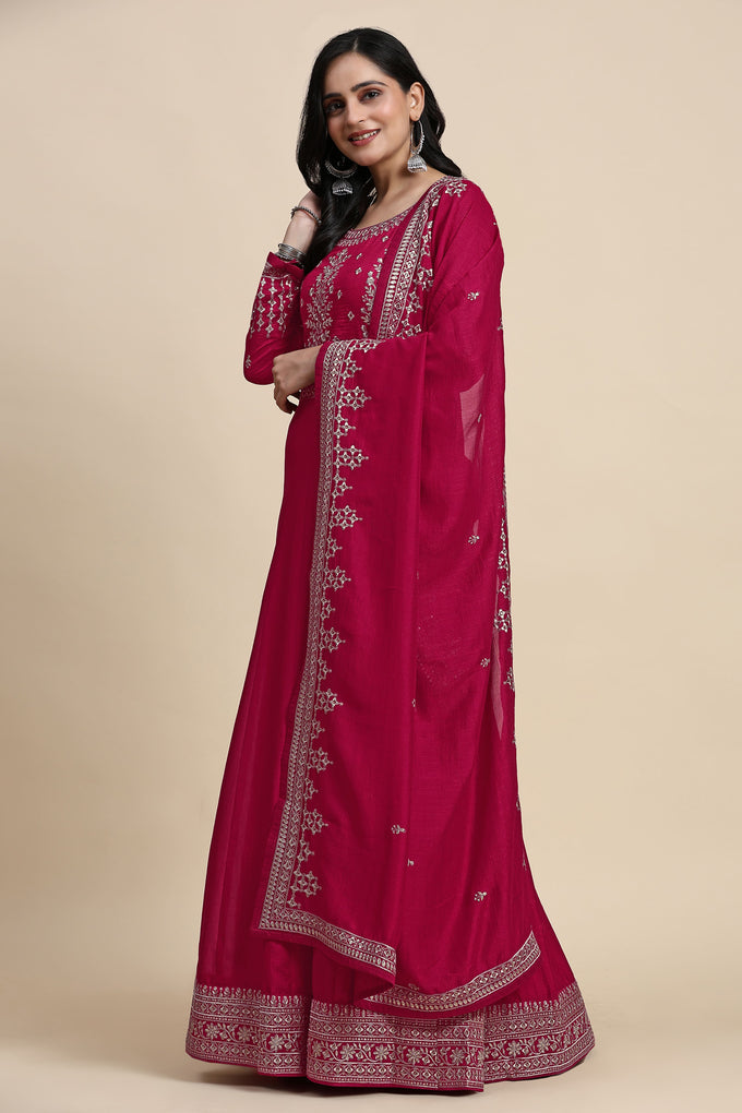 Pink Vichitra Silk Embroidery Anarkali Kurta Pant Salwar Suit Set for Women's Trendmallsin